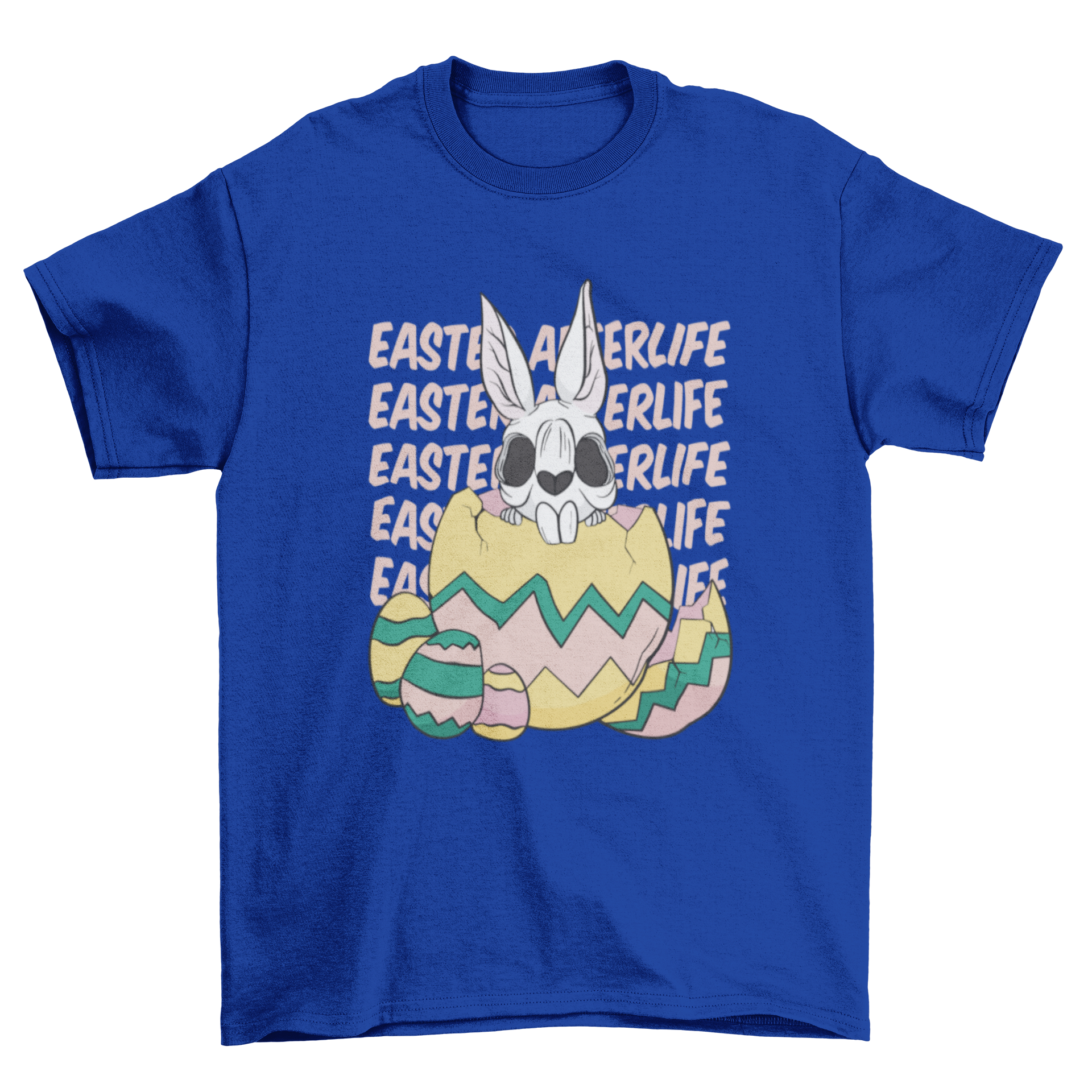 A playful t-shirt featuring a skeleton rabbit inside a colorful Easter egg with the quote 'Easter afterlife'.