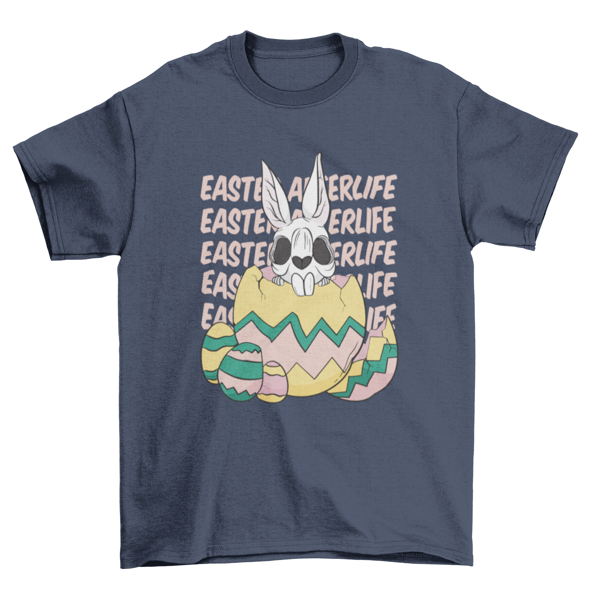A playful t-shirt featuring a skeleton rabbit inside a colorful Easter egg with the quote 'Easter afterlife'.
