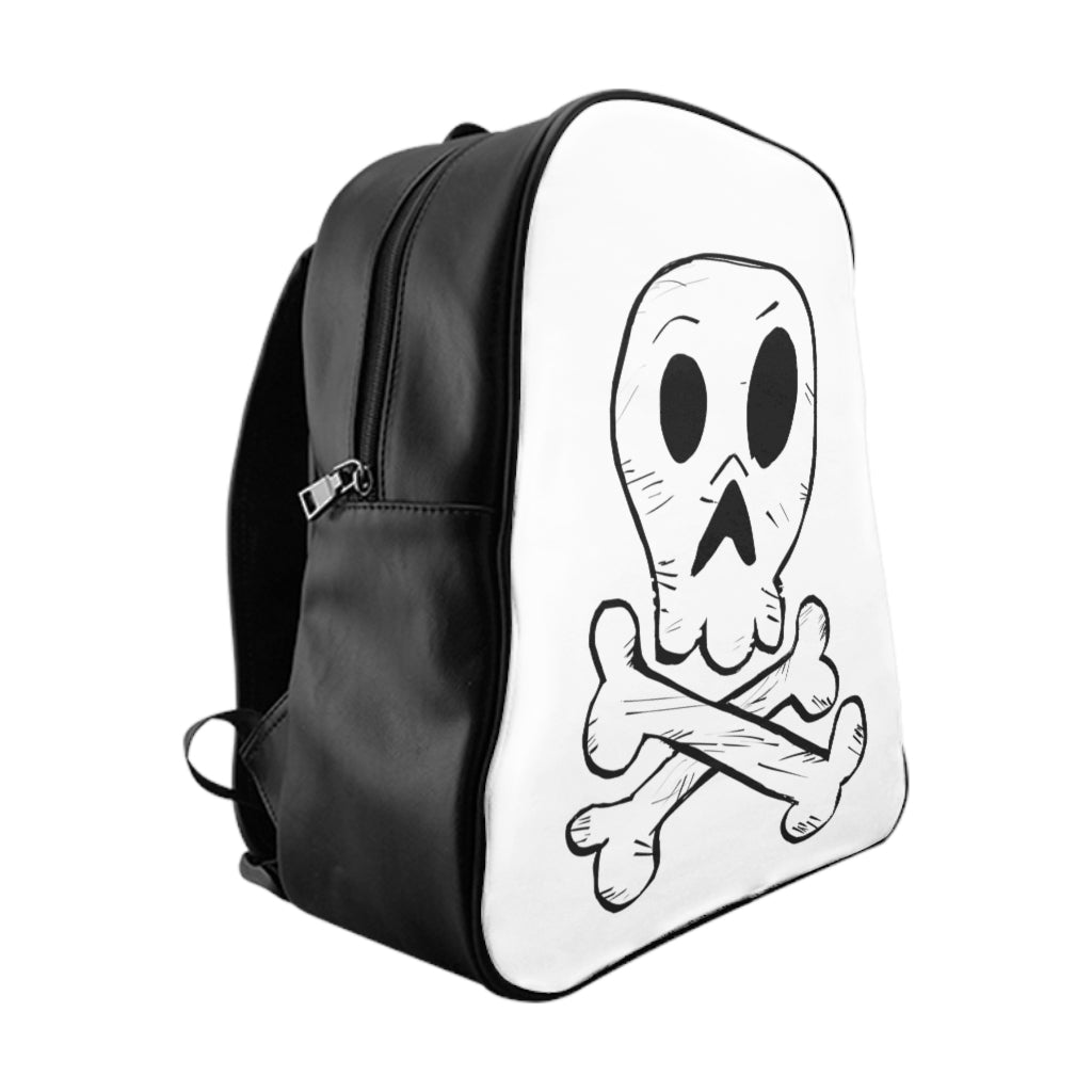 Skeleton School Backpack featuring a unique skeleton print, padded back, and chocolate brown lining, perfect for school and everyday use.