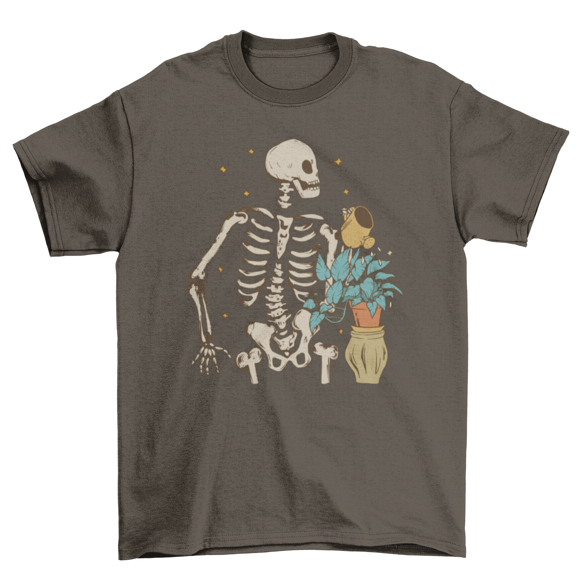 A stylish t-shirt featuring a skeleton watering a vibrant green plant, showcasing a unique and creative design.