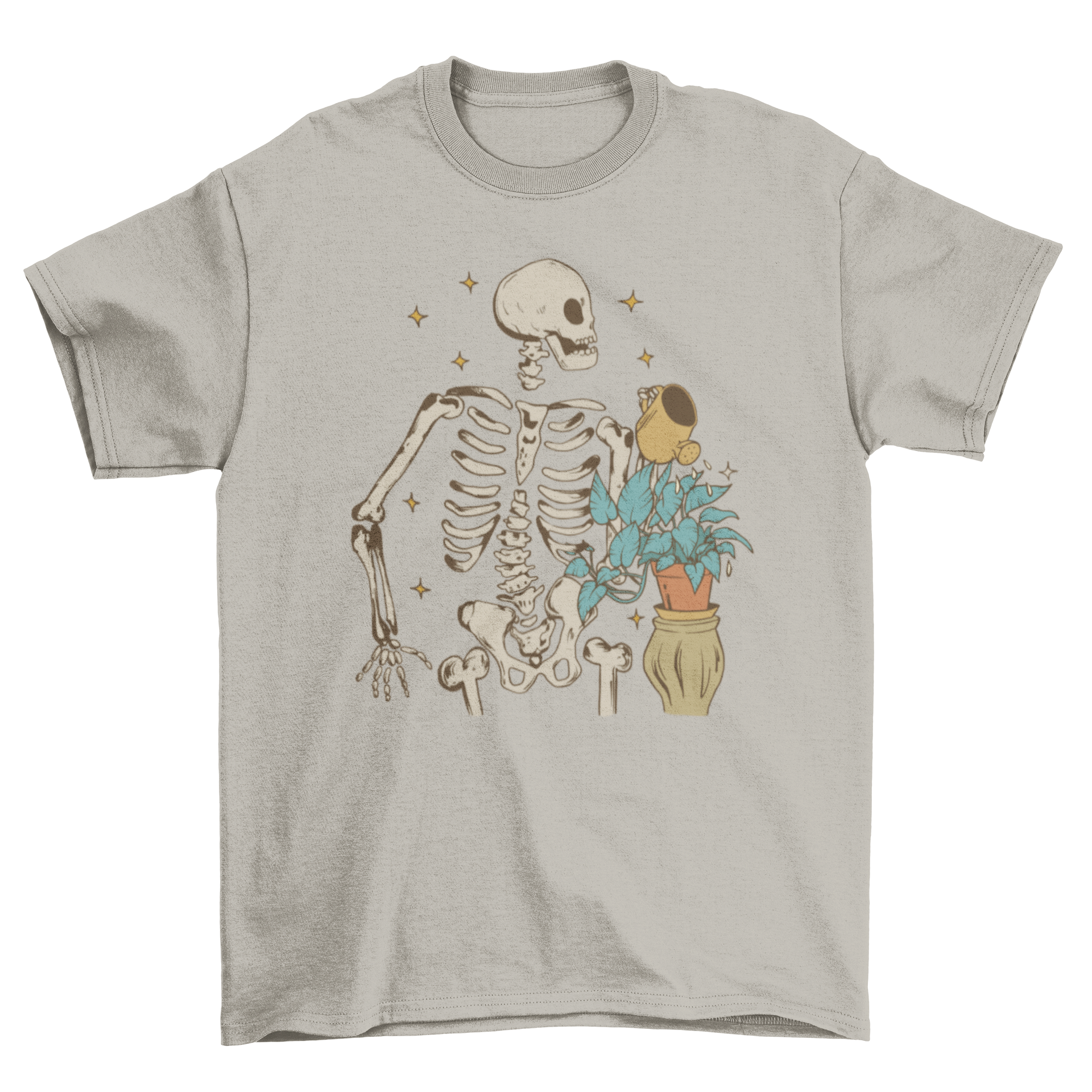 A stylish t-shirt featuring a skeleton watering a vibrant green plant, showcasing a unique and creative design.