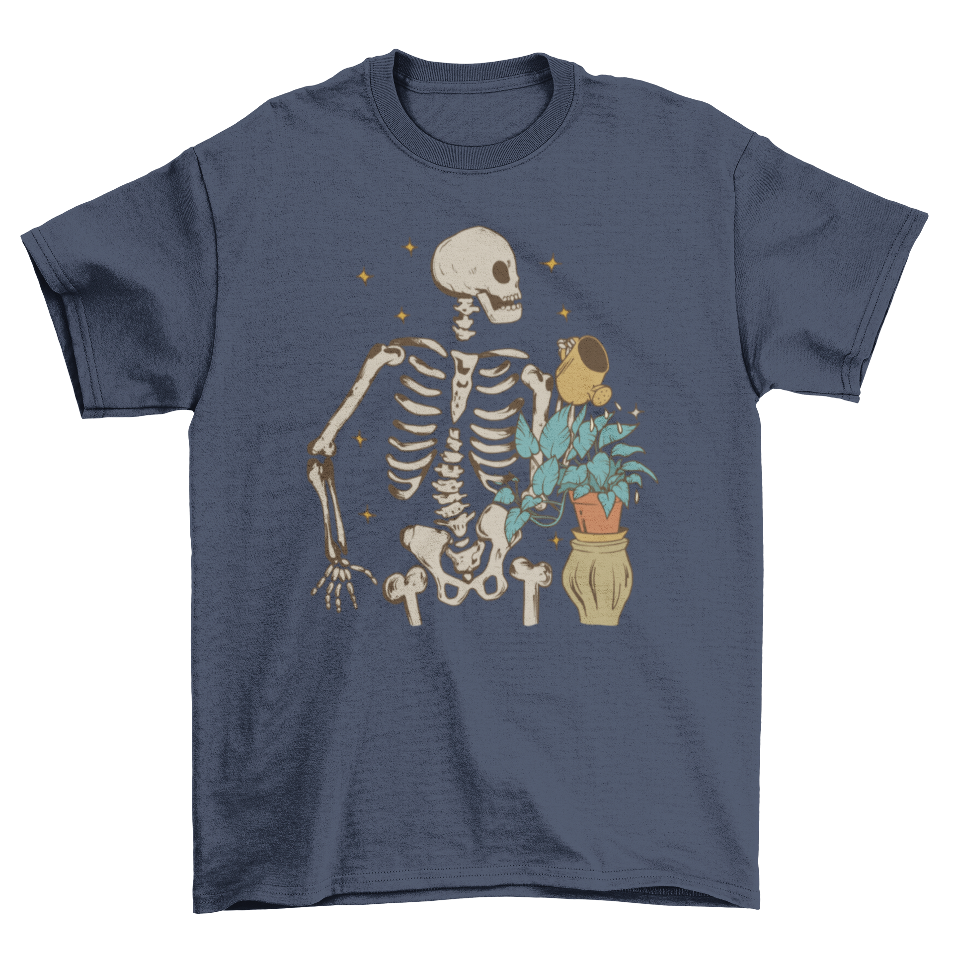 A stylish t-shirt featuring a skeleton watering a vibrant green plant, showcasing a unique and creative design.