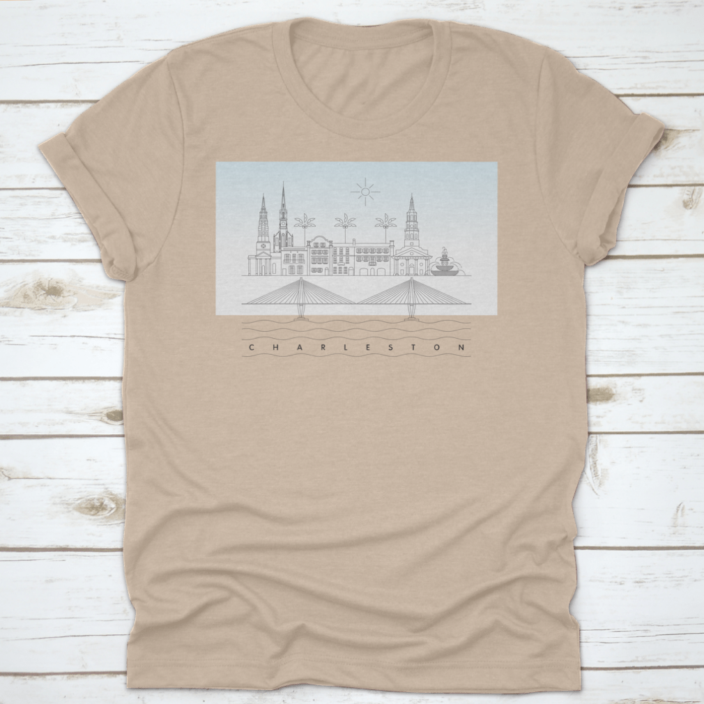A stylish T-shirt featuring a vector illustration of the Charleston, South Carolina skyline, showcasing iconic buildings and landmarks.