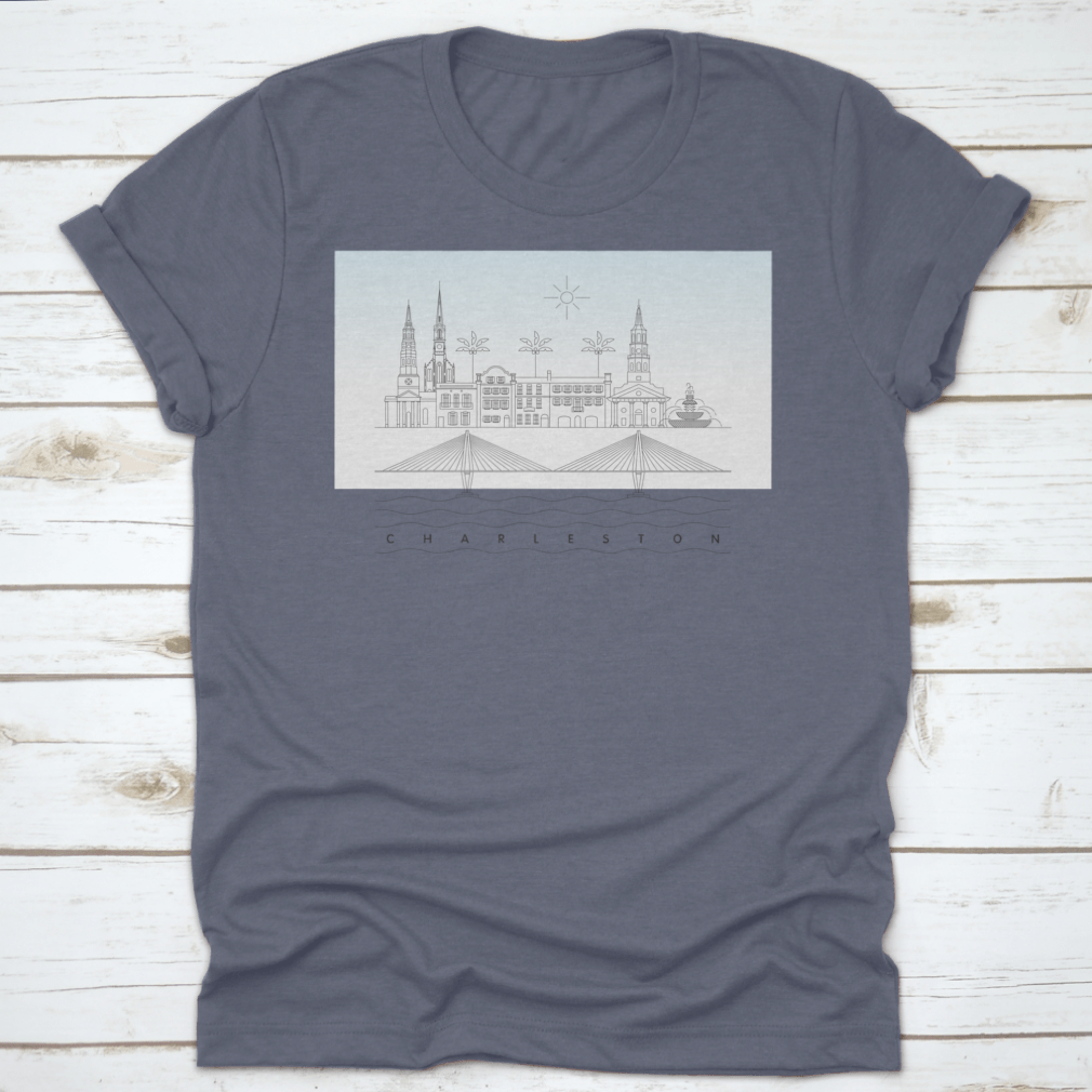 A stylish T-shirt featuring a vector illustration of the Charleston, South Carolina skyline, showcasing iconic buildings and landmarks.