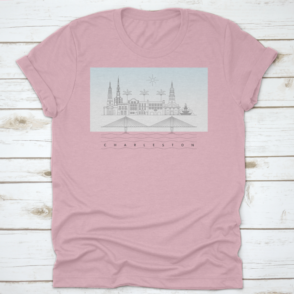 A stylish T-shirt featuring a vector illustration of the Charleston, South Carolina skyline, showcasing iconic buildings and landmarks.