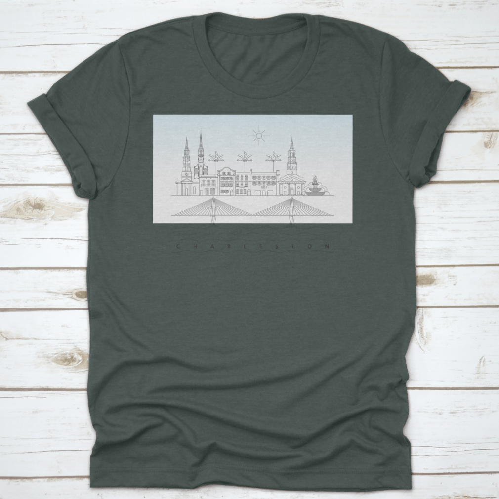 A stylish T-shirt featuring a vector illustration of the Charleston, South Carolina skyline, showcasing iconic buildings and landmarks.