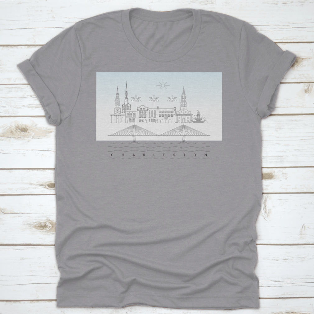 A stylish T-shirt featuring a vector illustration of the Charleston, South Carolina skyline, showcasing iconic buildings and landmarks.
