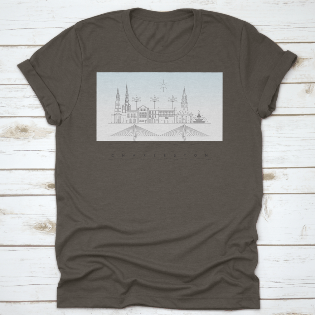 A stylish T-shirt featuring a vector illustration of the Charleston, South Carolina skyline, showcasing iconic buildings and landmarks.