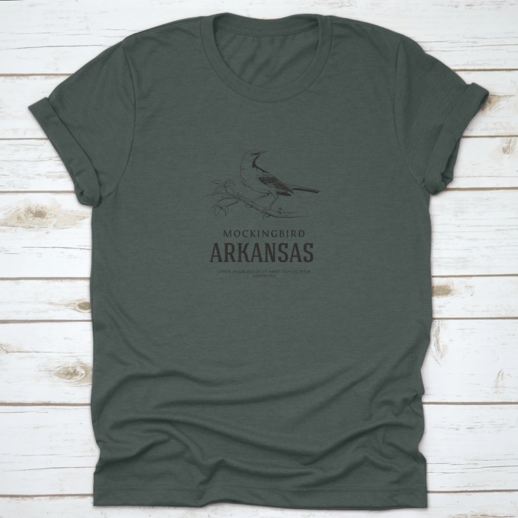 Vintage logo shirt featuring a sketch of a Nightingale Mockingbird, representing Arkansas state bird, made from soft cotton.