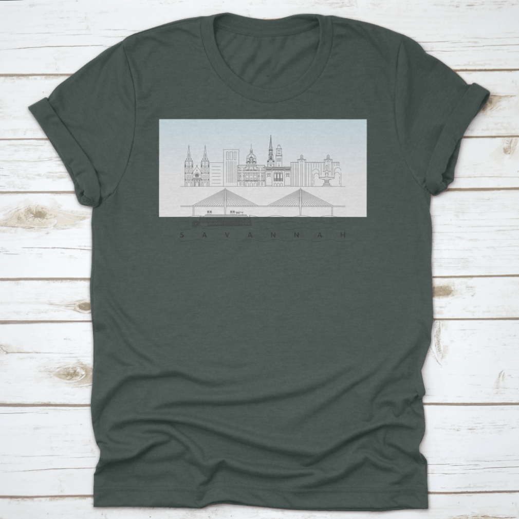 A stylish t-shirt featuring a sketch of Savannah, Georgia's skyline with a food stand and sandy beach, showcasing vibrant colors and artistic details.