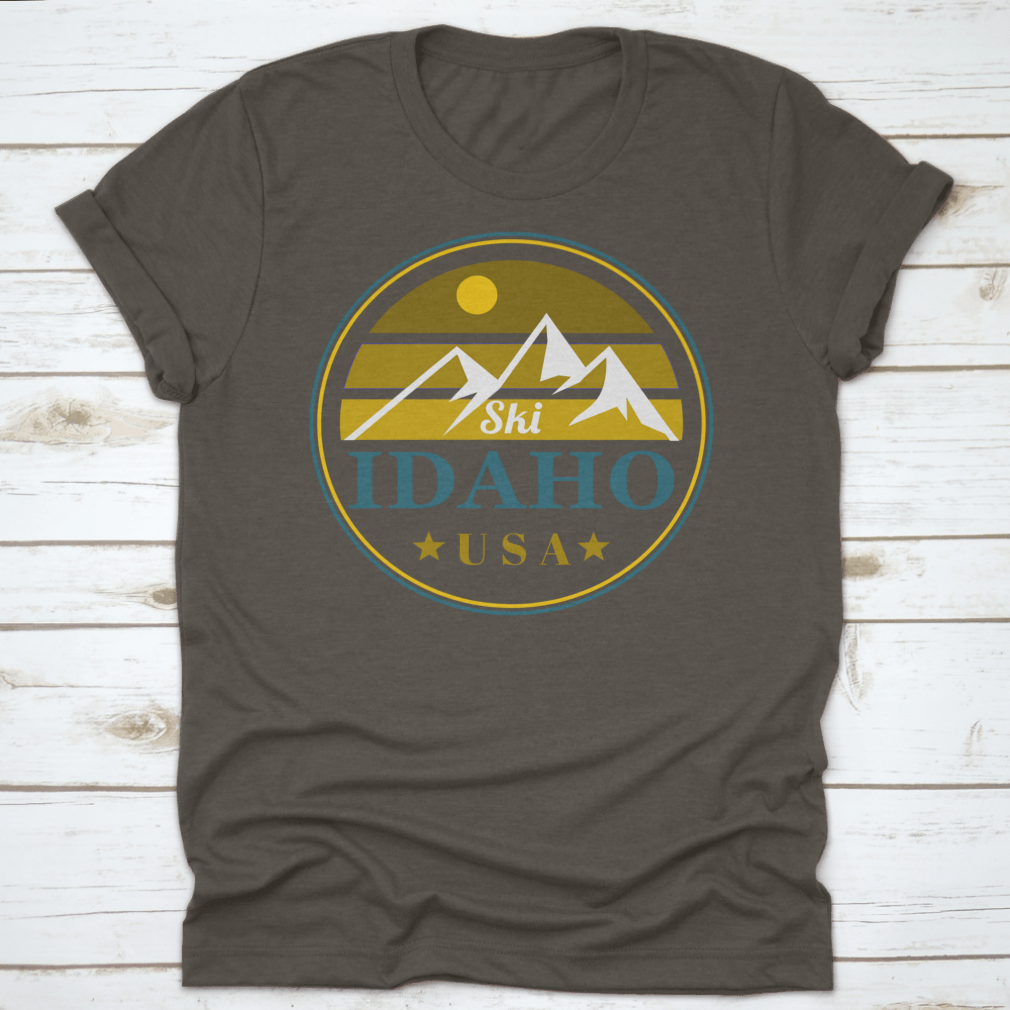 A vintage label shirt featuring a design inspired by Idaho mountains, made from soft cotton fabric, perfect for outdoor enthusiasts.