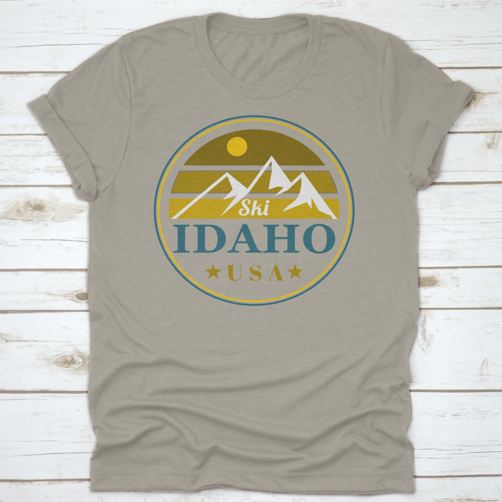 A vintage label shirt featuring a design inspired by Idaho mountains, made from soft cotton fabric, perfect for outdoor enthusiasts.
