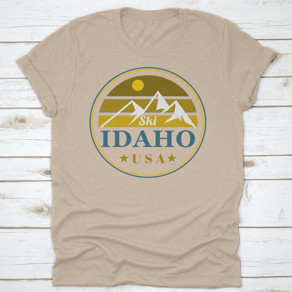 A vintage label shirt featuring a design inspired by Idaho mountains, made from soft cotton fabric, perfect for outdoor enthusiasts.
