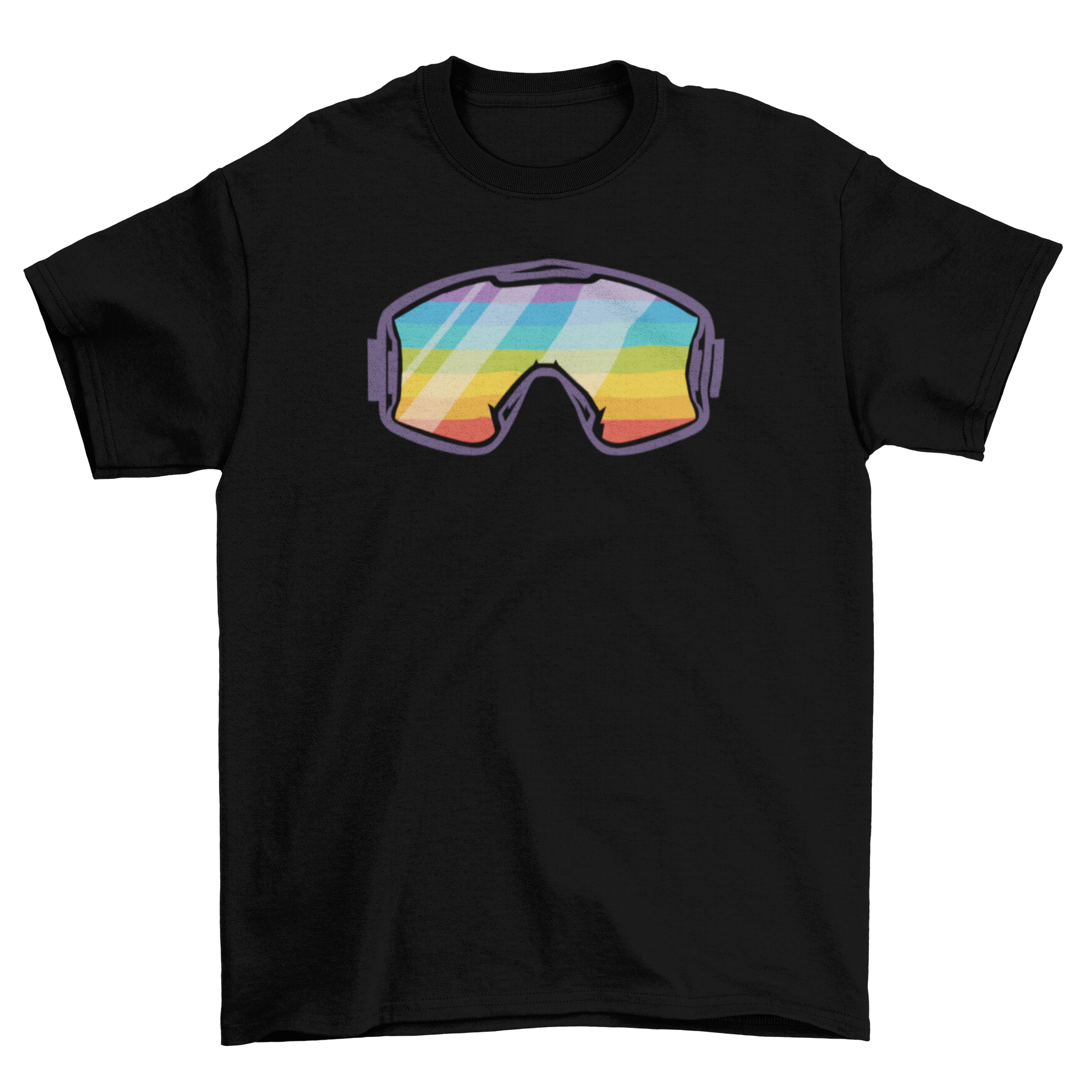 A colorful t-shirt featuring ski goggles with a vibrant rainbow design, perfect for ski enthusiasts.