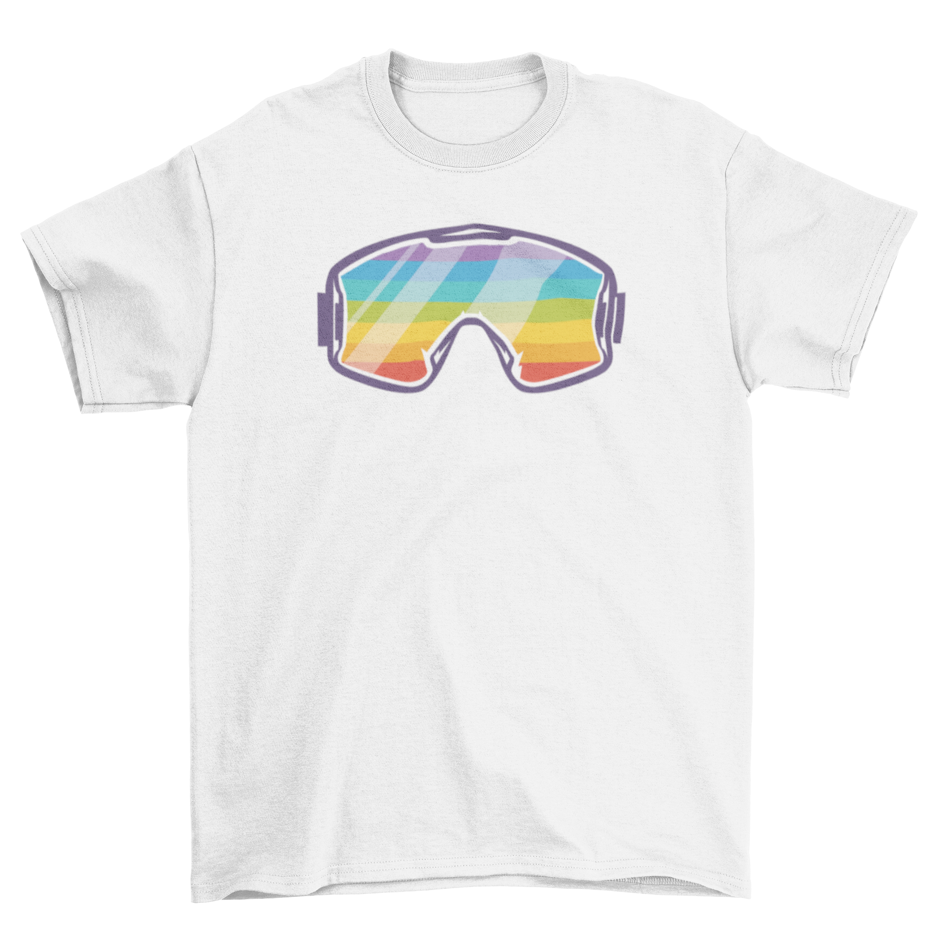 A colorful t-shirt featuring ski goggles with a vibrant rainbow design, perfect for ski enthusiasts.