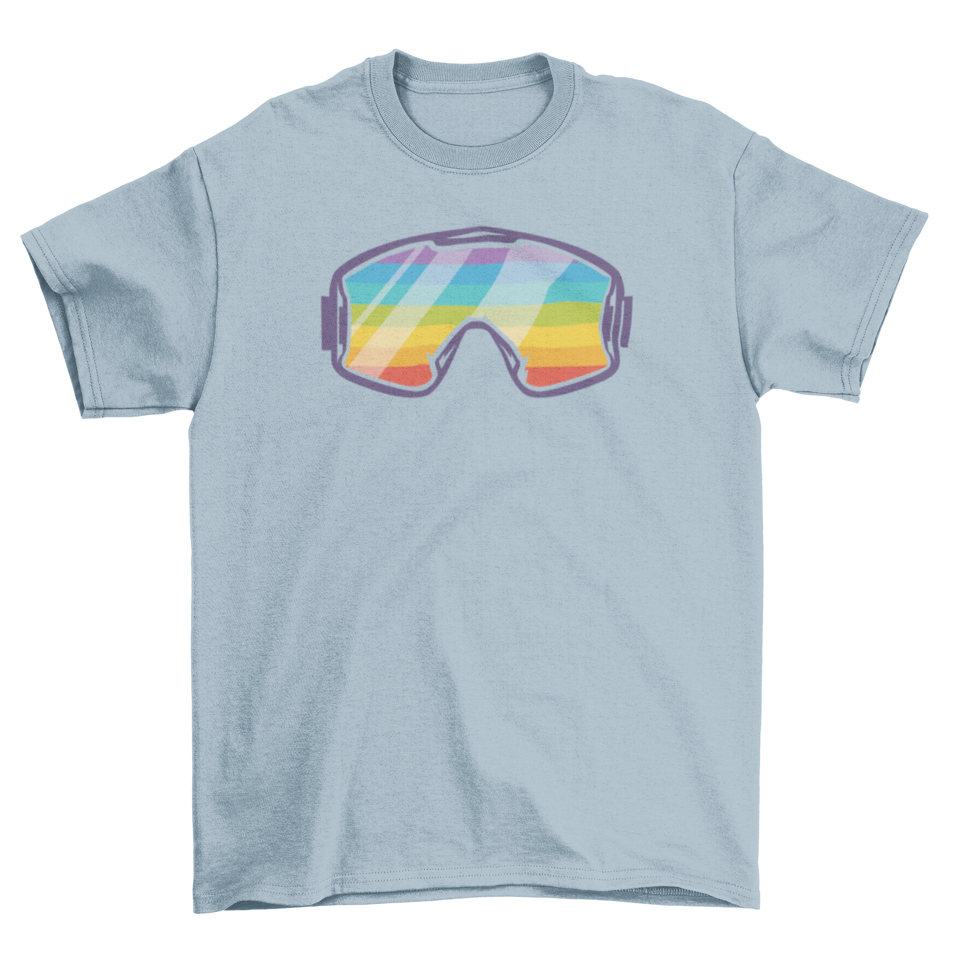 A colorful t-shirt featuring ski goggles with a vibrant rainbow design, perfect for ski enthusiasts.