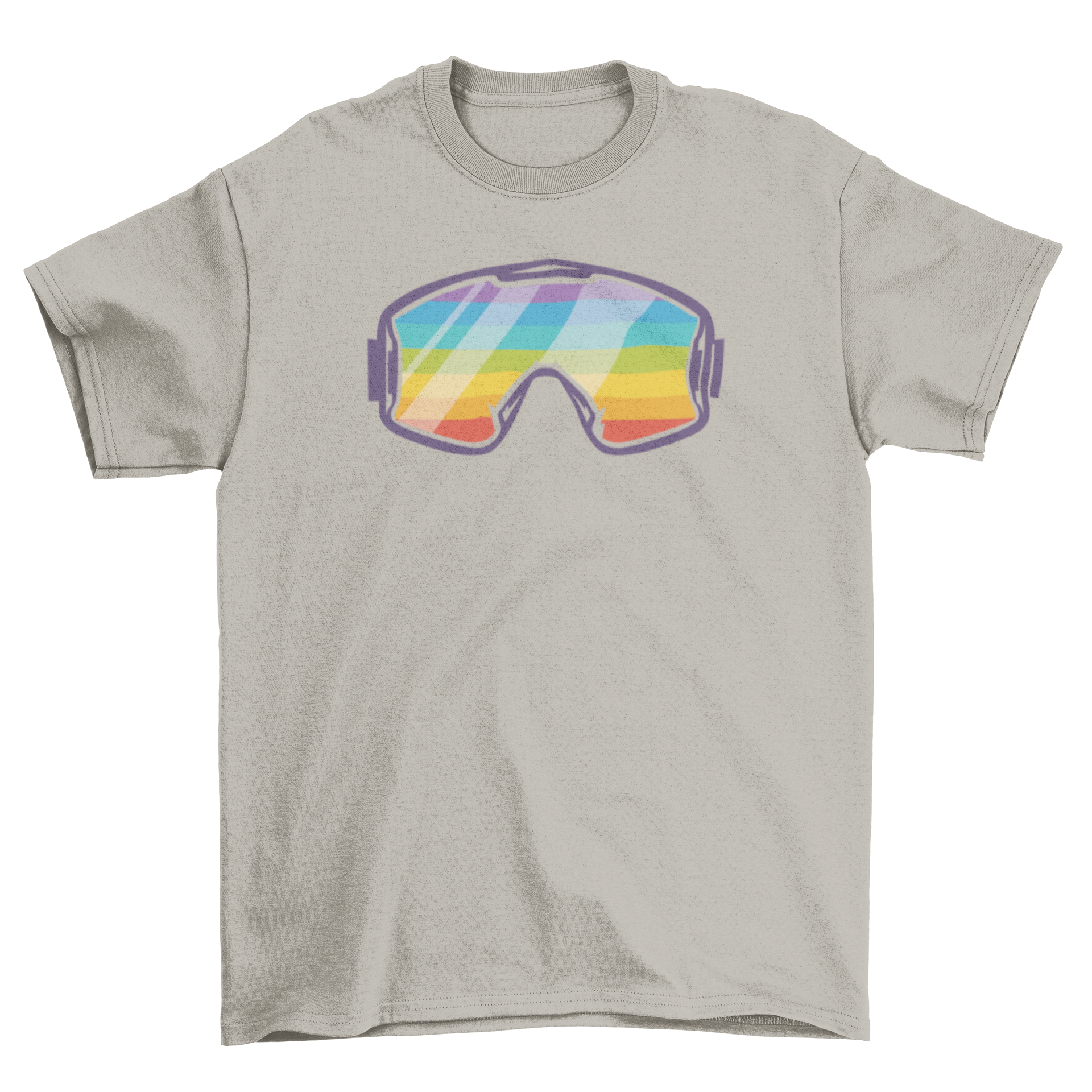 A colorful t-shirt featuring ski goggles with a vibrant rainbow design, perfect for ski enthusiasts.