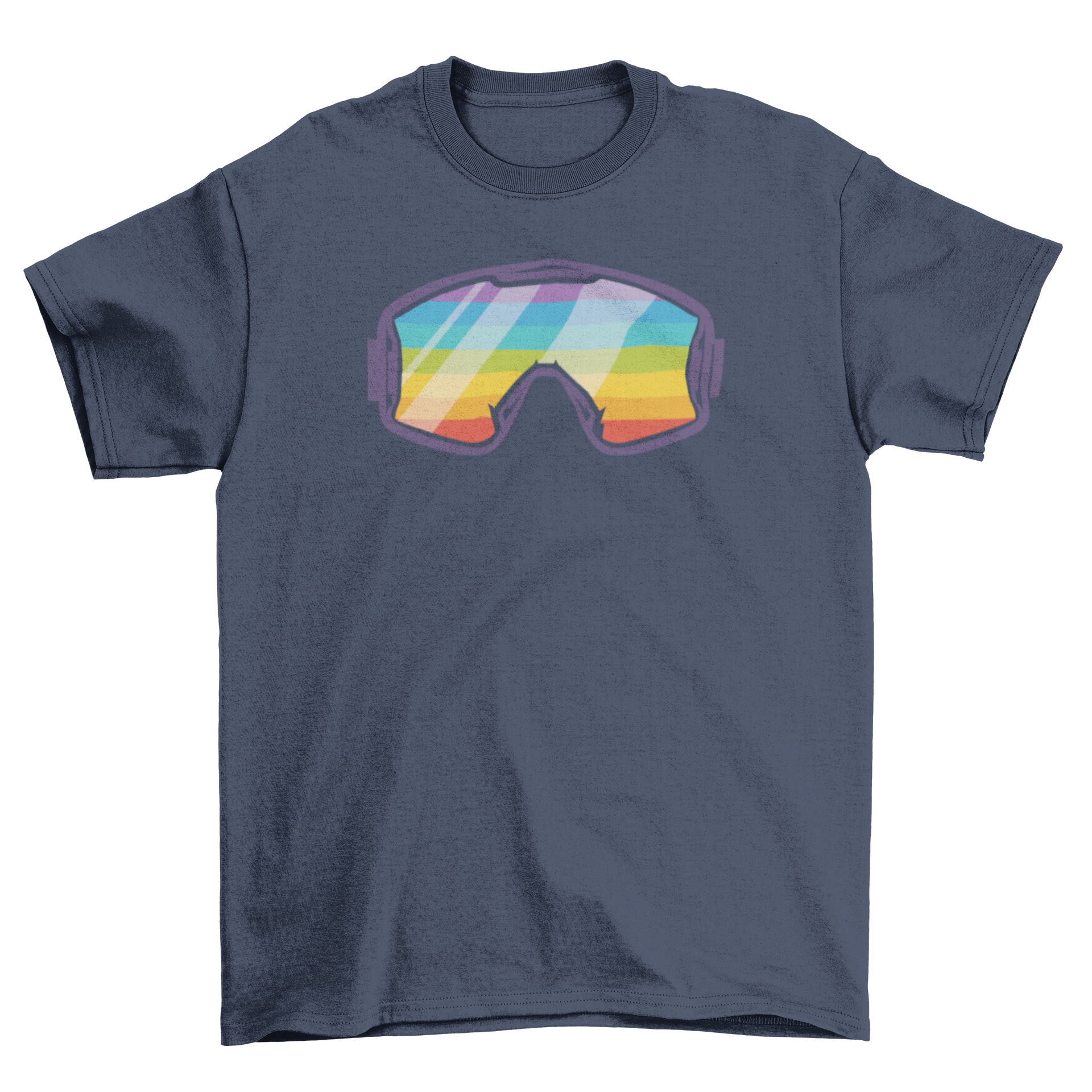 A colorful t-shirt featuring ski goggles with a vibrant rainbow design, perfect for ski enthusiasts.