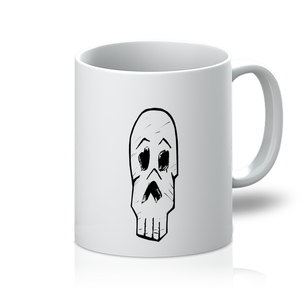 A white 11oz mug featuring a vibrant skull and crossbones design, showcasing its flawless surface and bright finish.