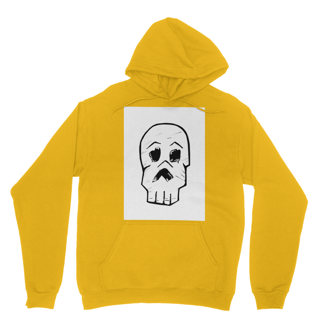 Skull and Cross Bones Classic Adult Hoodie featuring a double fabric hood and kangaroo pouch pocket, made from soft cotton faced fabric.