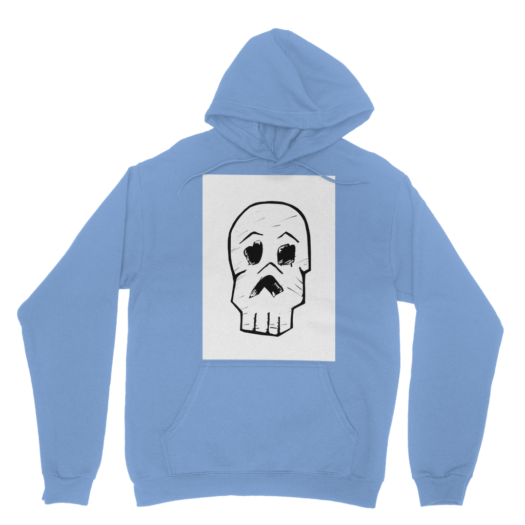 Skull and Cross Bones Classic Adult Hoodie featuring a double fabric hood and kangaroo pouch pocket, made from soft cotton faced fabric.