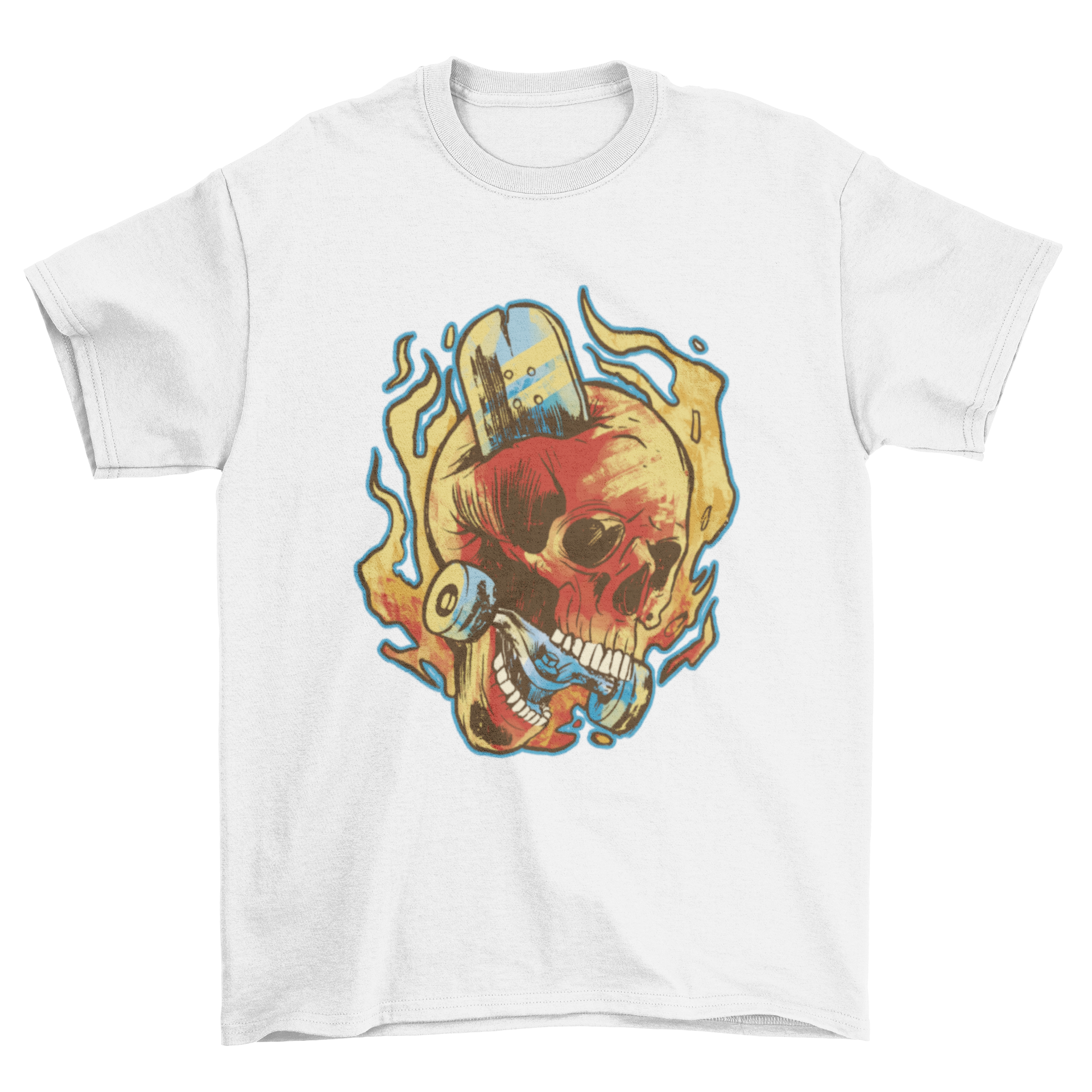 A stylish t-shirt featuring a bold skull design with a skateboard, perfect for skateboarding enthusiasts.