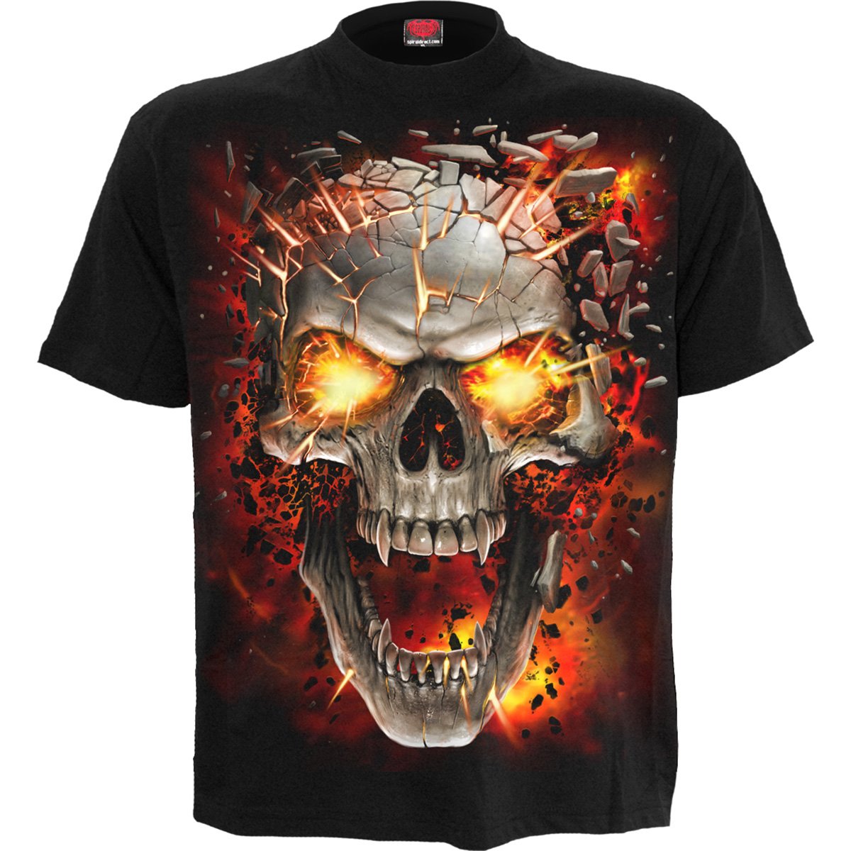 Black kids t-shirt featuring a vibrant demonic skull graphic with flames and magma.