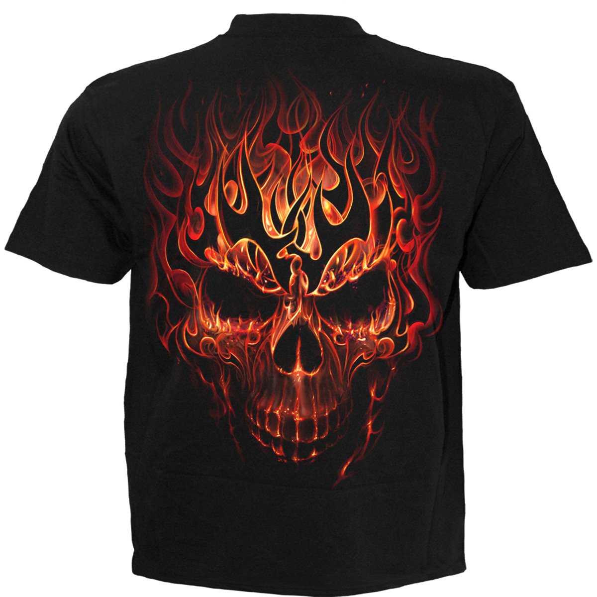 Black kids t-shirt featuring a vibrant demonic skull graphic with flames and magma.