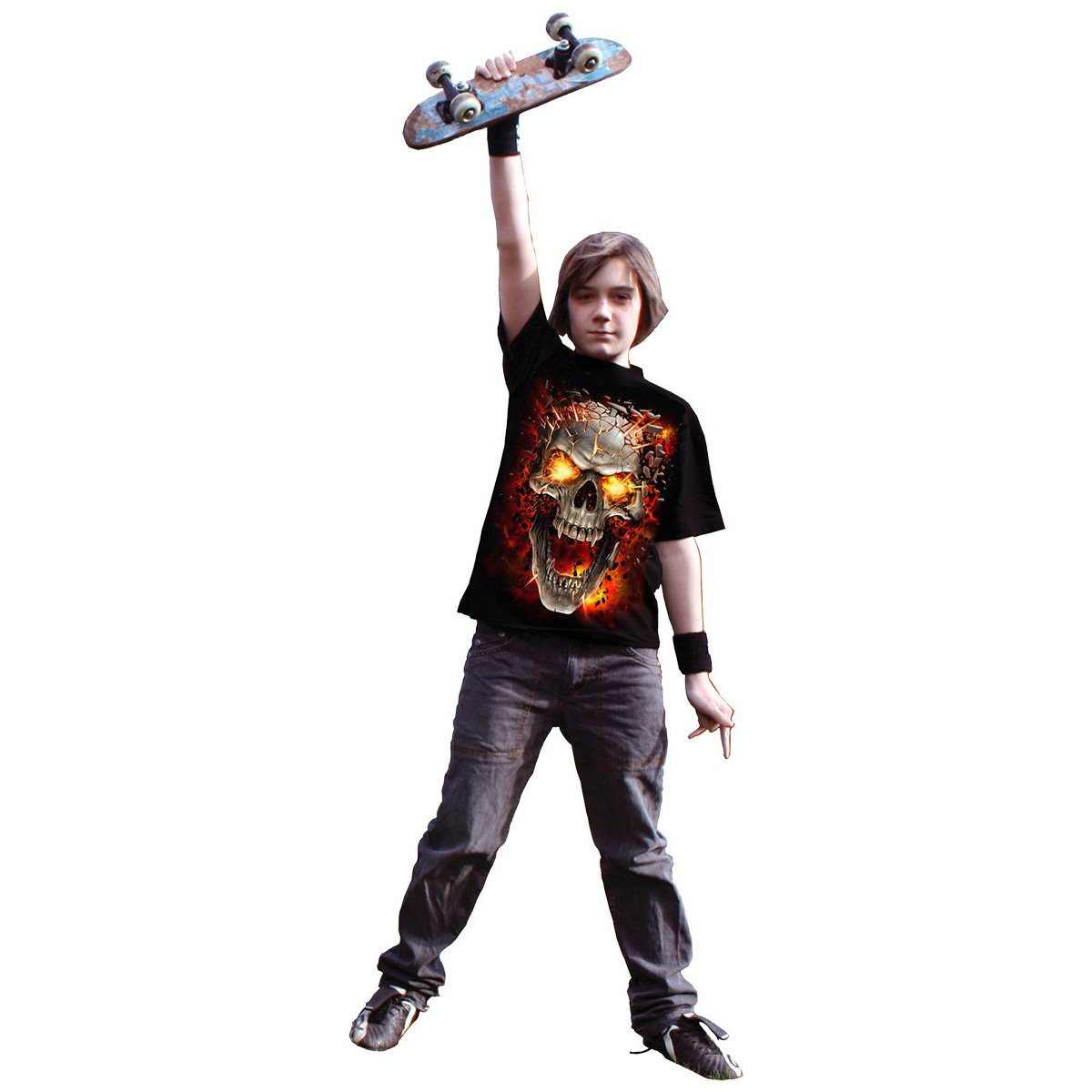 Black kids t-shirt featuring a vibrant demonic skull graphic with flames and magma.