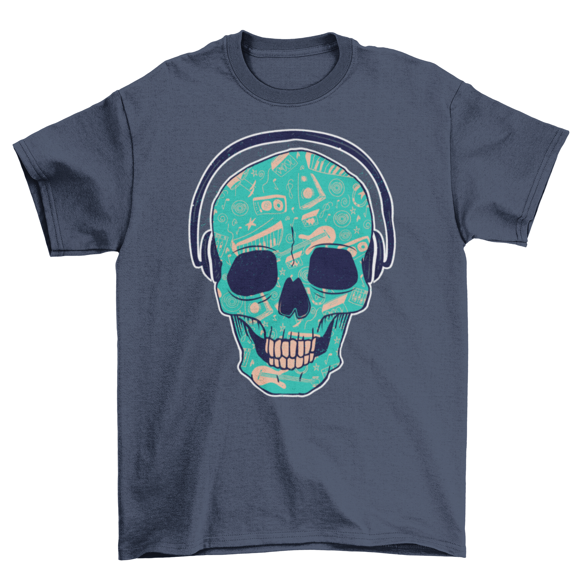 A stylish Skull DJ t-shirt featuring a detailed hand-drawn skull illustration with headphones, perfect for music lovers.