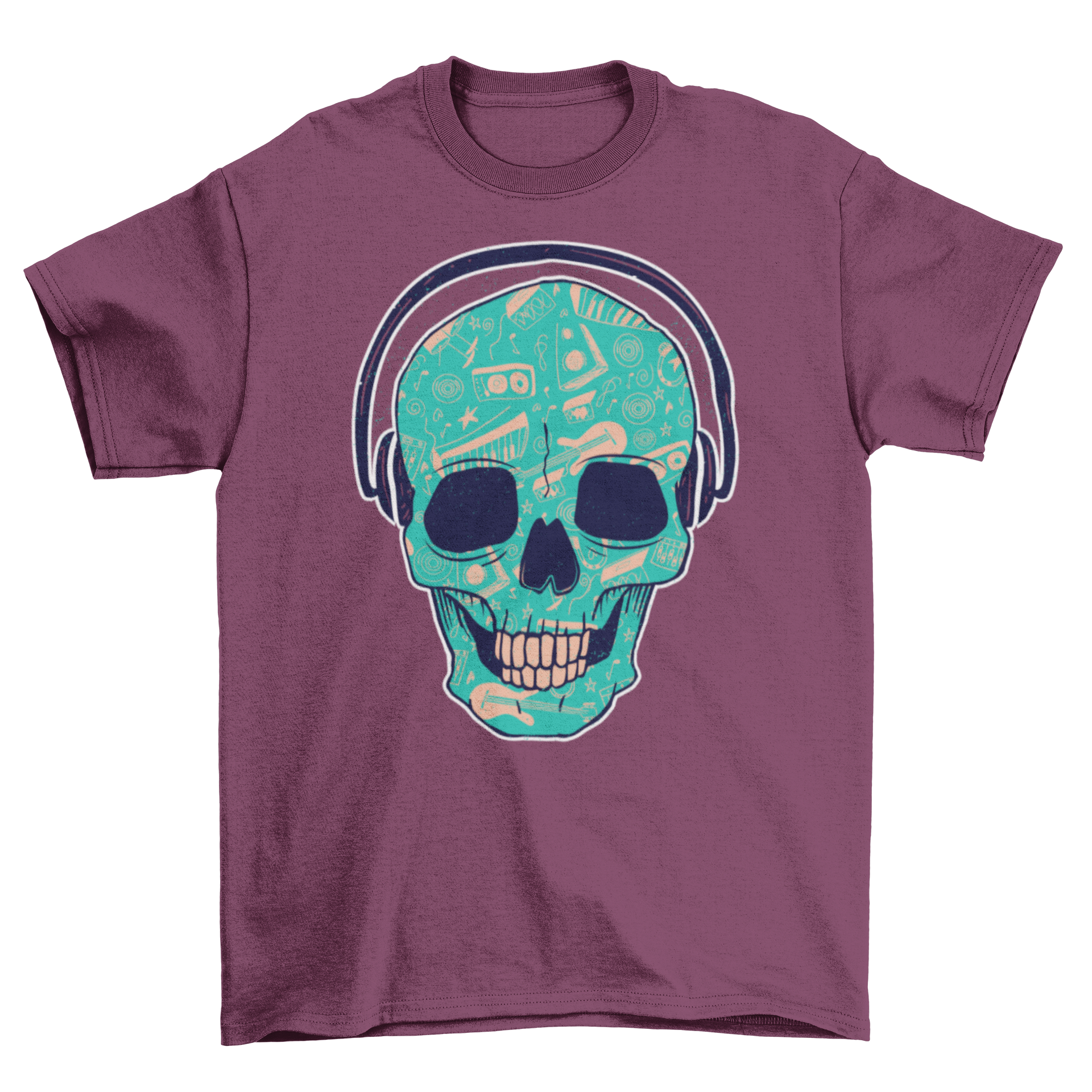 A stylish Skull DJ t-shirt featuring a detailed hand-drawn skull illustration with headphones, perfect for music lovers.