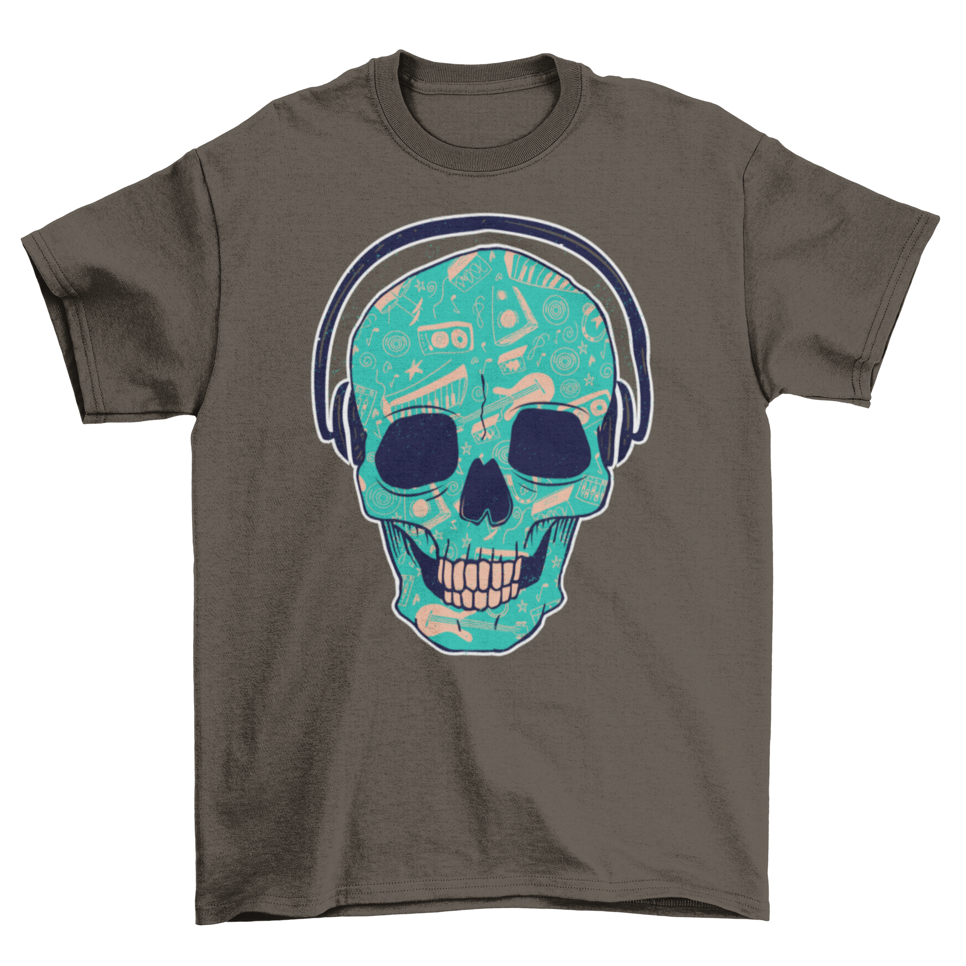 A stylish Skull DJ t-shirt featuring a detailed hand-drawn skull illustration with headphones, perfect for music lovers.