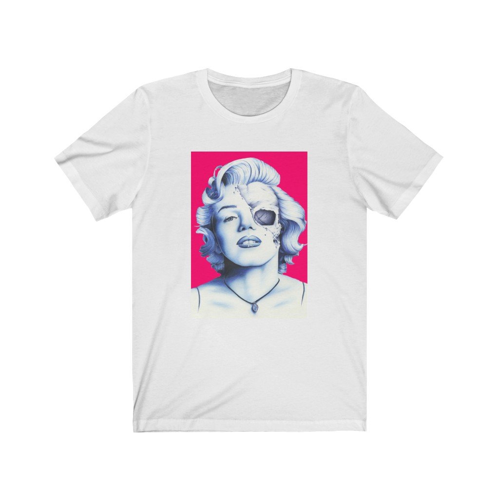 Skull face graphic design featuring Marilyn Monroe on a soft cotton t-shirt, showcasing a blend of classic and edgy styles.