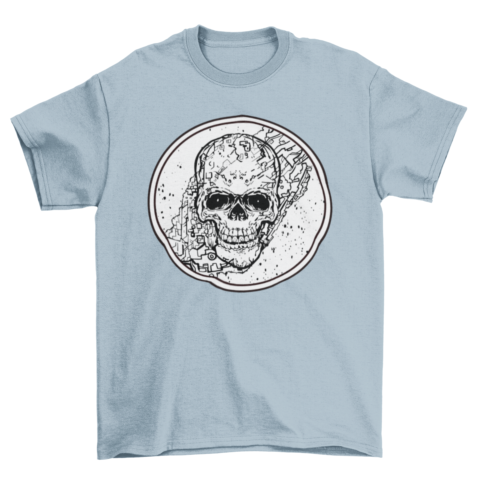 A stylish t-shirt featuring a scary skull design over a detailed map in line art style, perfect for art lovers.