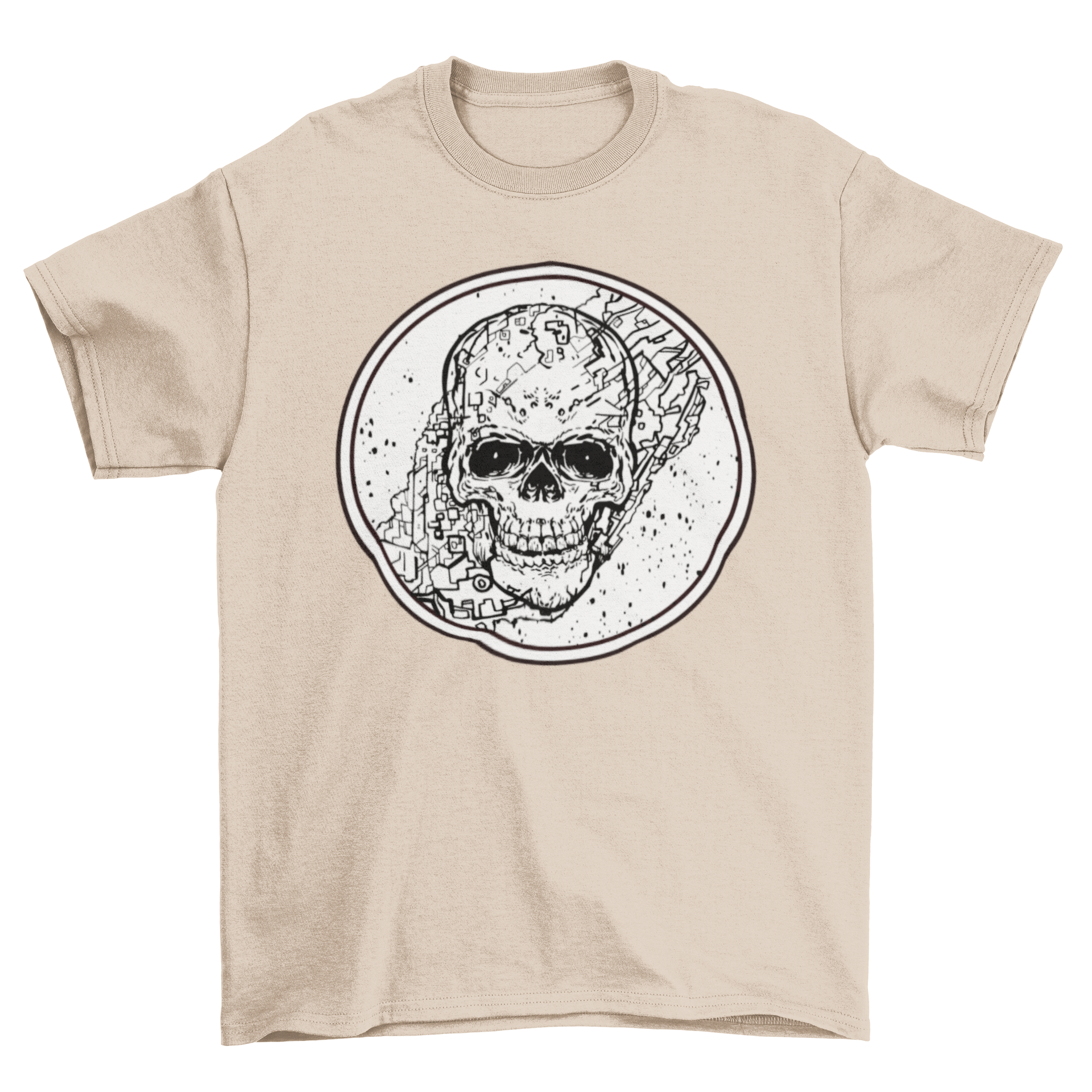 A stylish t-shirt featuring a scary skull design over a detailed map in line art style, perfect for art lovers.