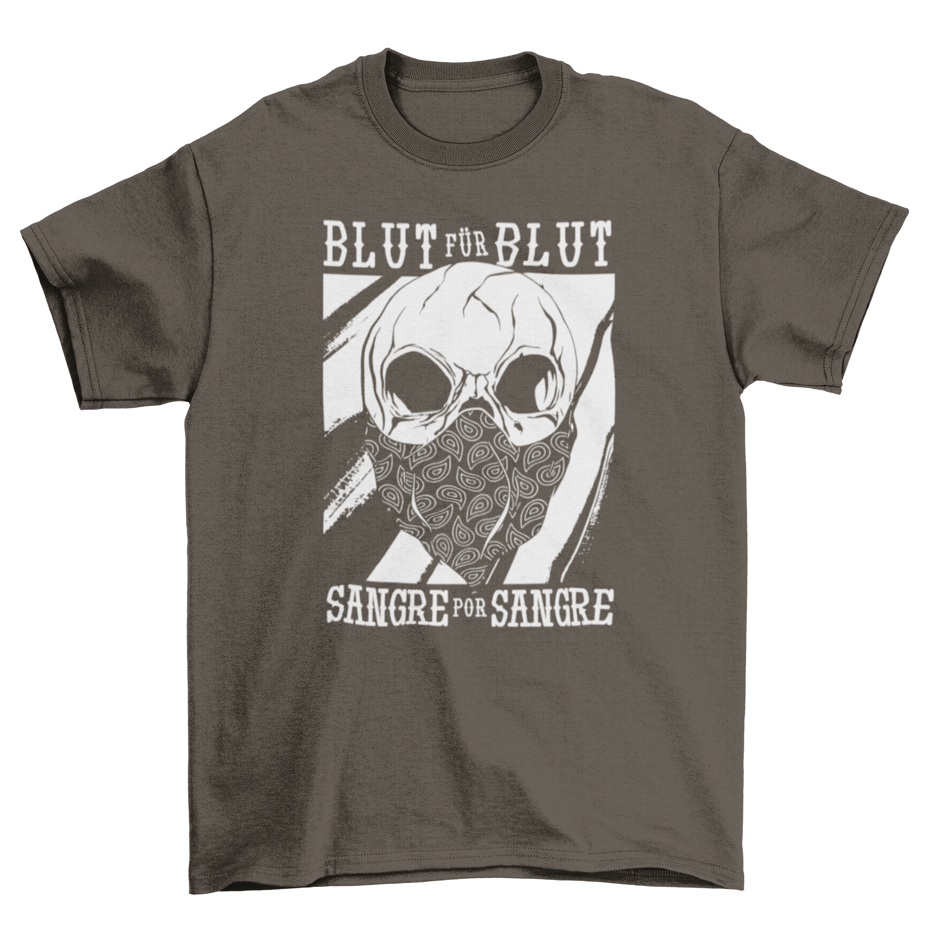 Skull Quote T-shirt featuring a skull with a cloth over its mouth and a bilingual quote in German and Spanish.