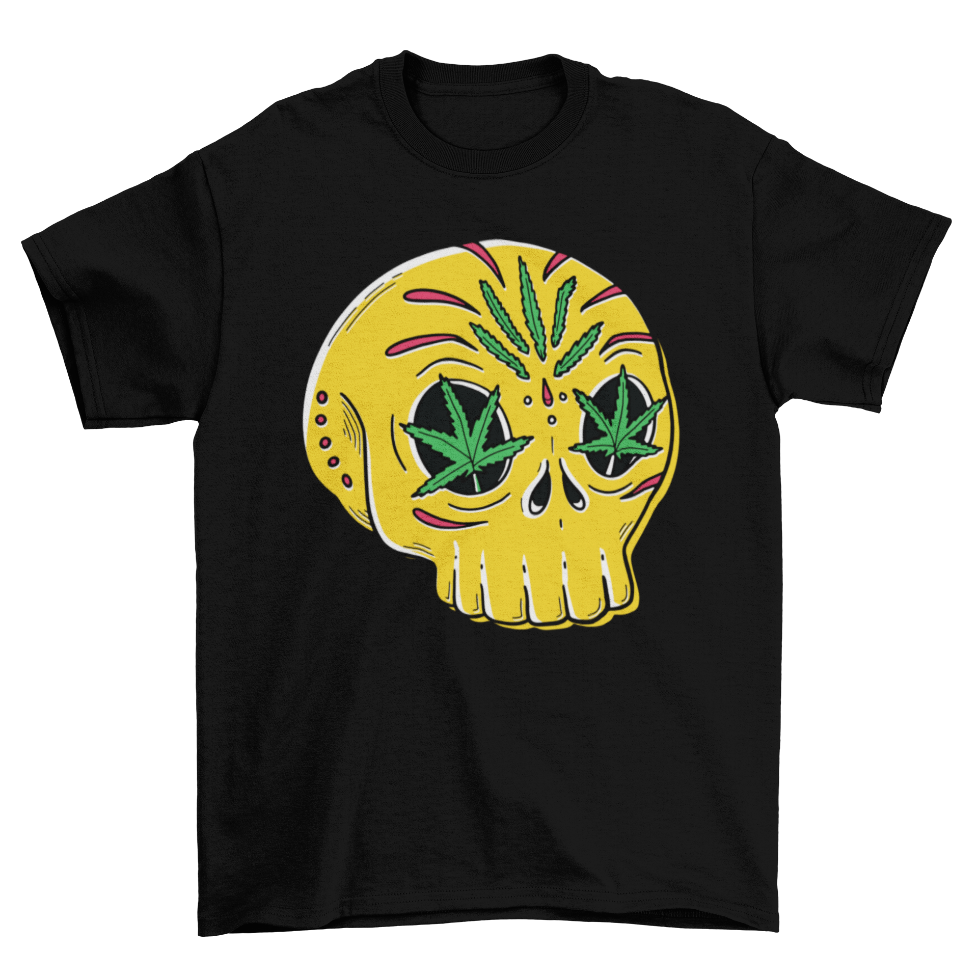Skull Weed T-Shirt featuring a skull illustration with cannabis leaves in its eyes, made from high-quality cotton.