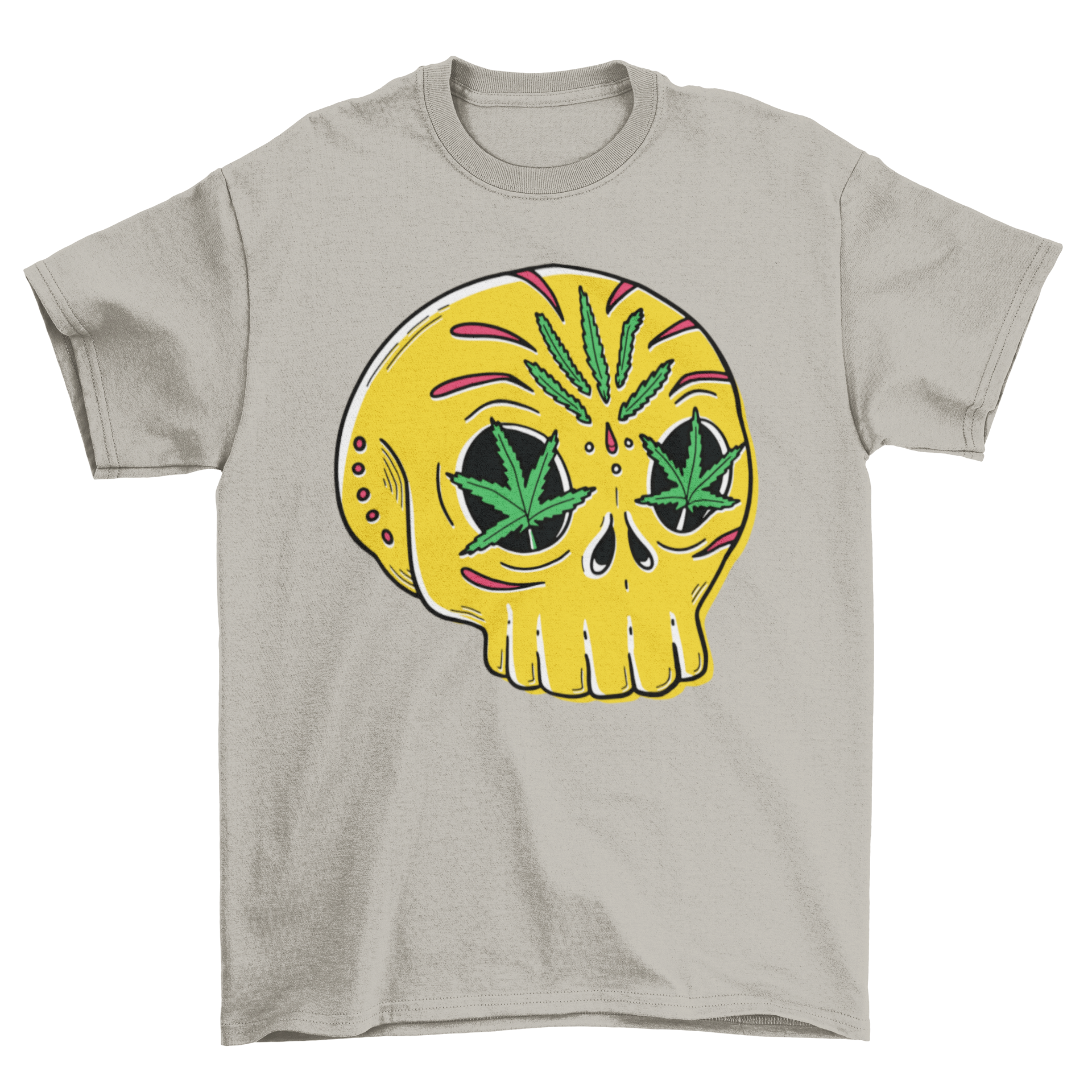 Skull Weed T-Shirt featuring a skull illustration with cannabis leaves in its eyes, made from high-quality cotton.