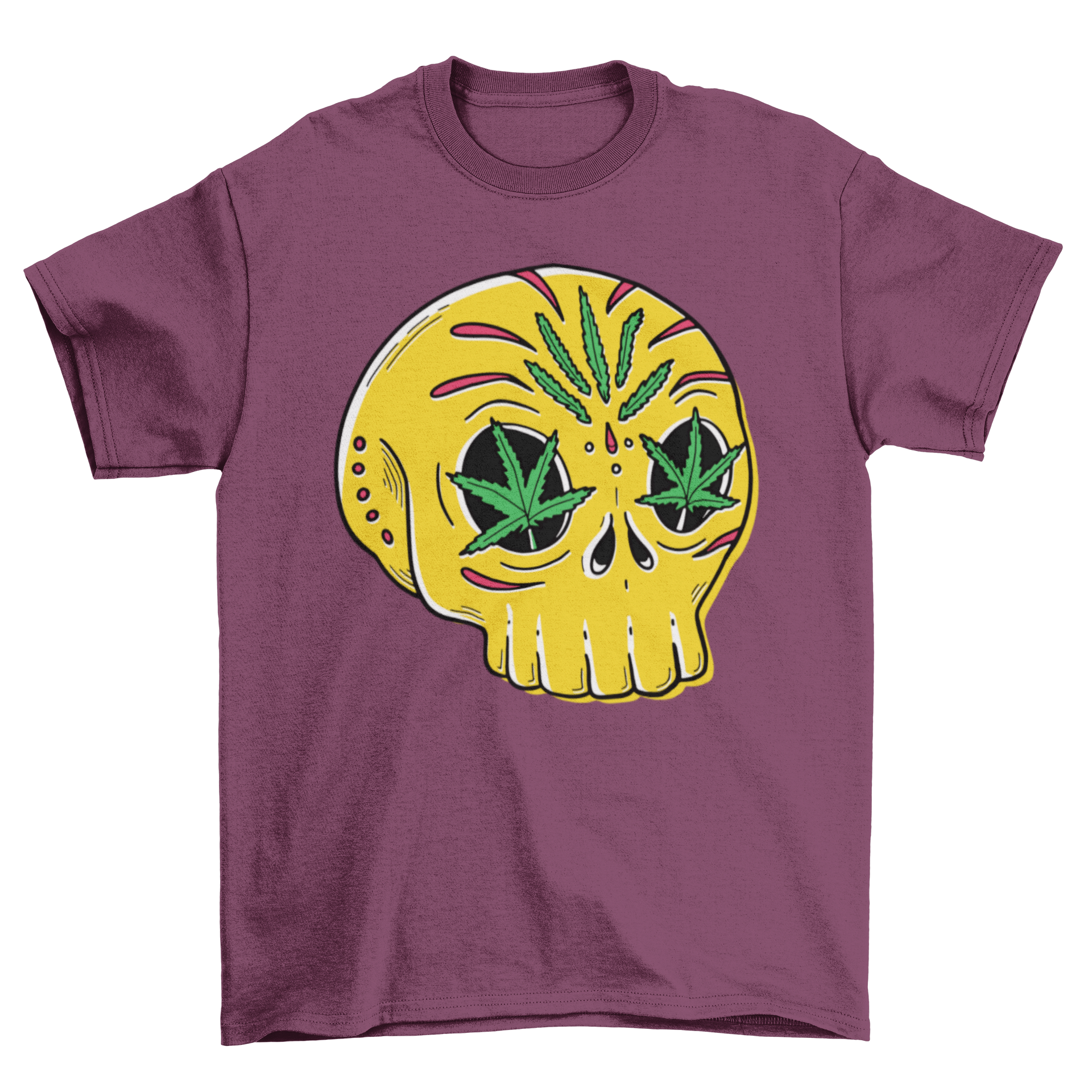 Skull Weed T-Shirt featuring a skull illustration with cannabis leaves in its eyes, made from high-quality cotton.