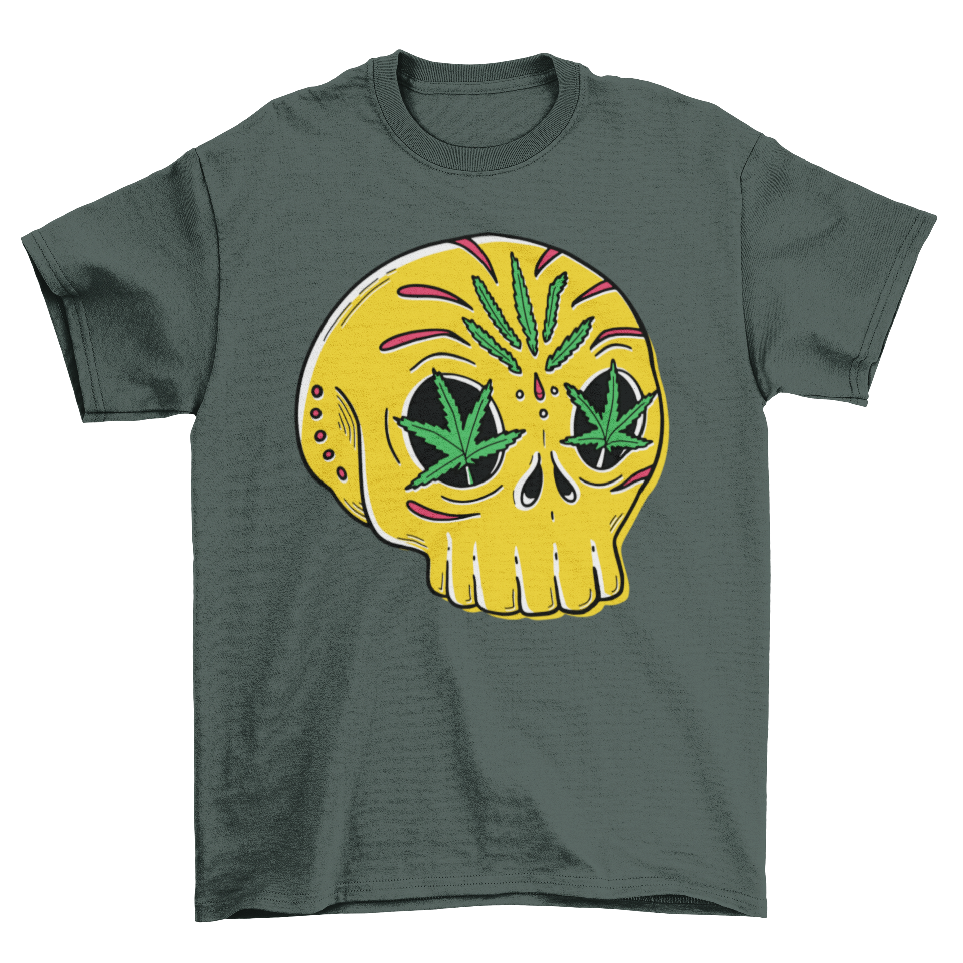 Skull Weed T-Shirt featuring a skull illustration with cannabis leaves in its eyes, made from high-quality cotton.