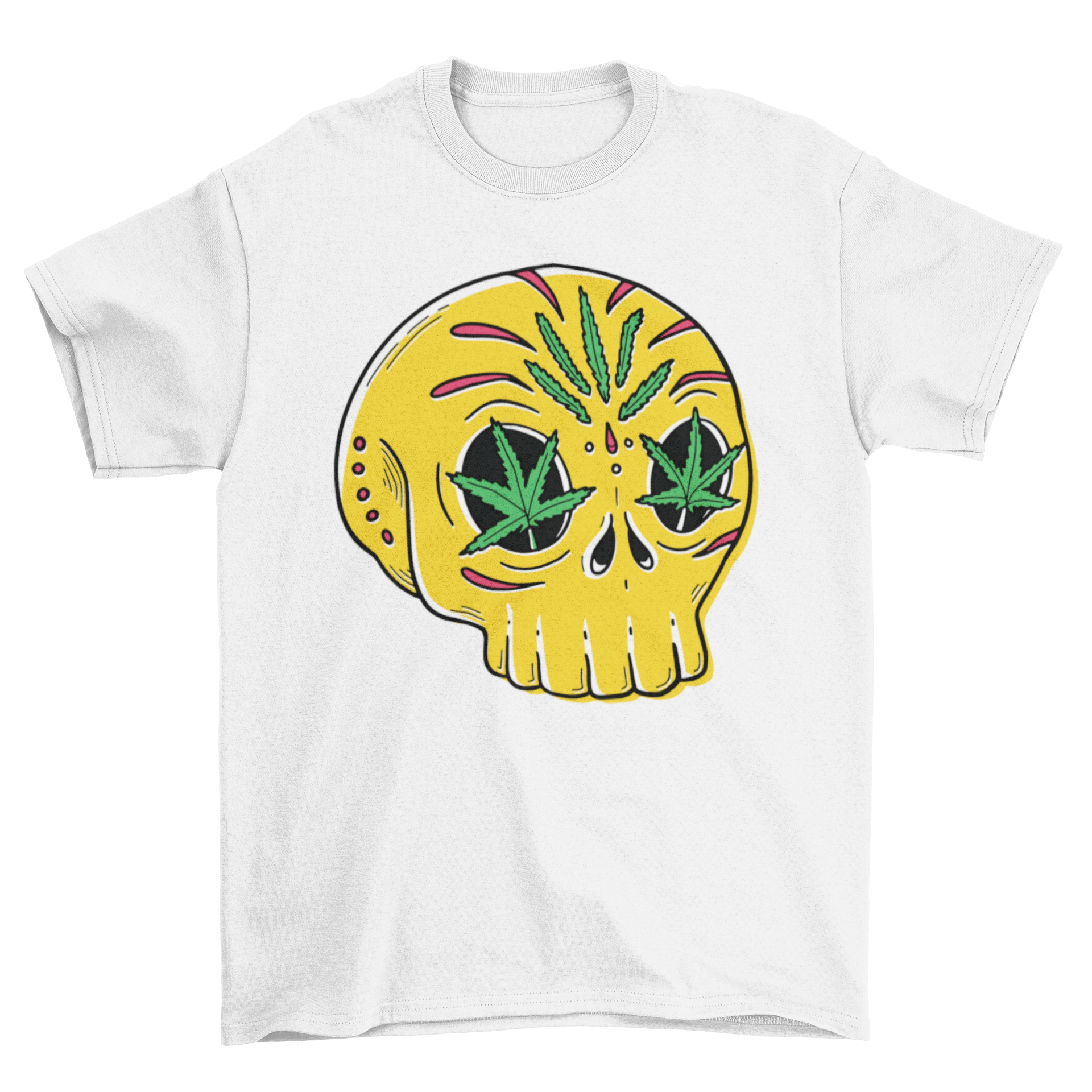 Skull Weed T-Shirt featuring a skull illustration with cannabis leaves in its eyes, made from high-quality cotton.