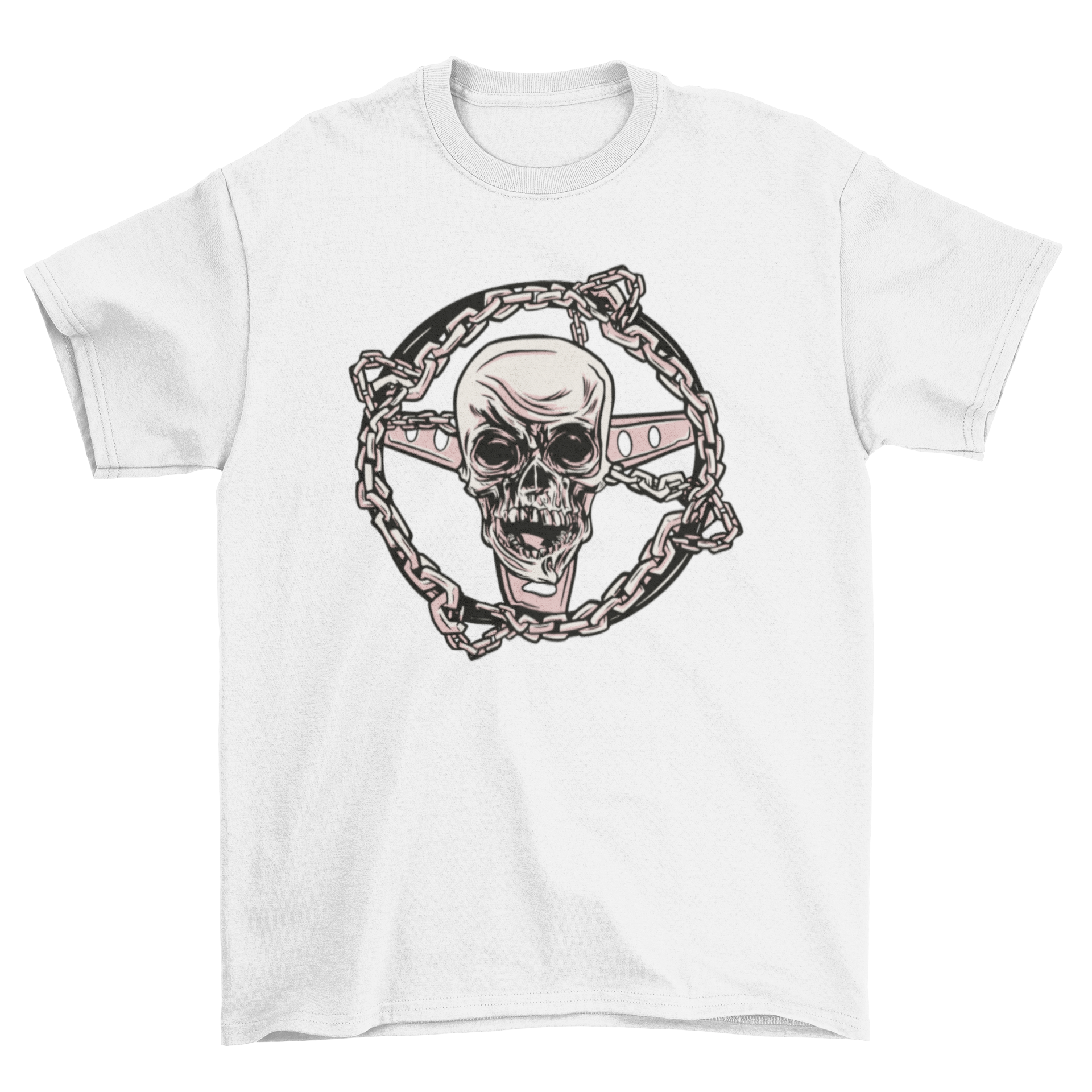 A stylish t-shirt featuring a unique skull wheel design with chains, perfect for edgy fashion enthusiasts.