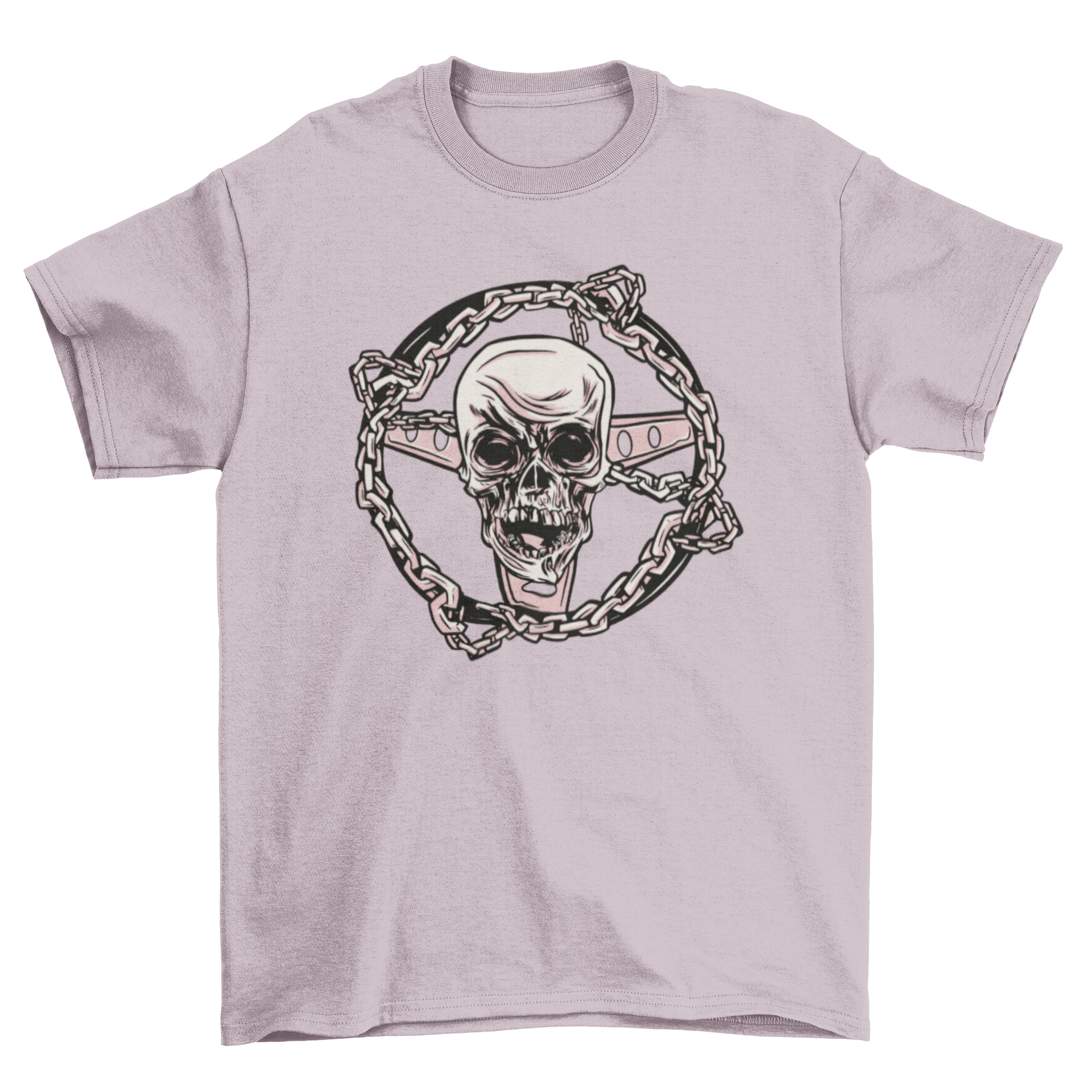 A stylish t-shirt featuring a unique skull wheel design with chains, perfect for edgy fashion enthusiasts.