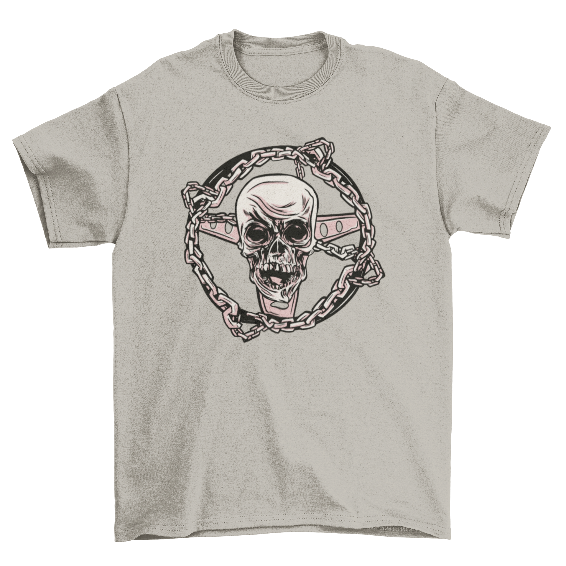 A stylish t-shirt featuring a unique skull wheel design with chains, perfect for edgy fashion enthusiasts.