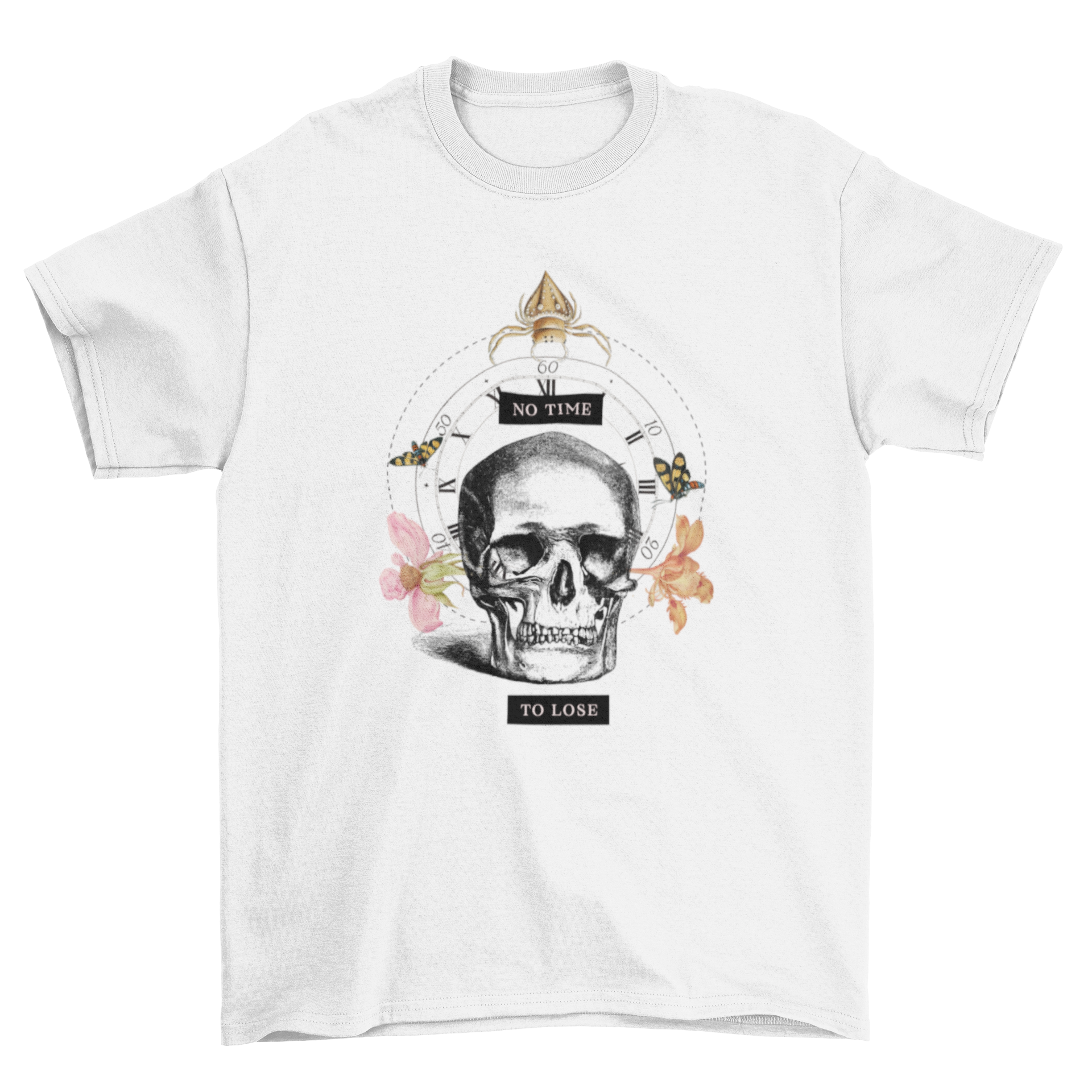 A stylish t-shirt featuring a skull in front of a clock, surrounded by colorful butterfly insects, showcasing a unique and artistic design.