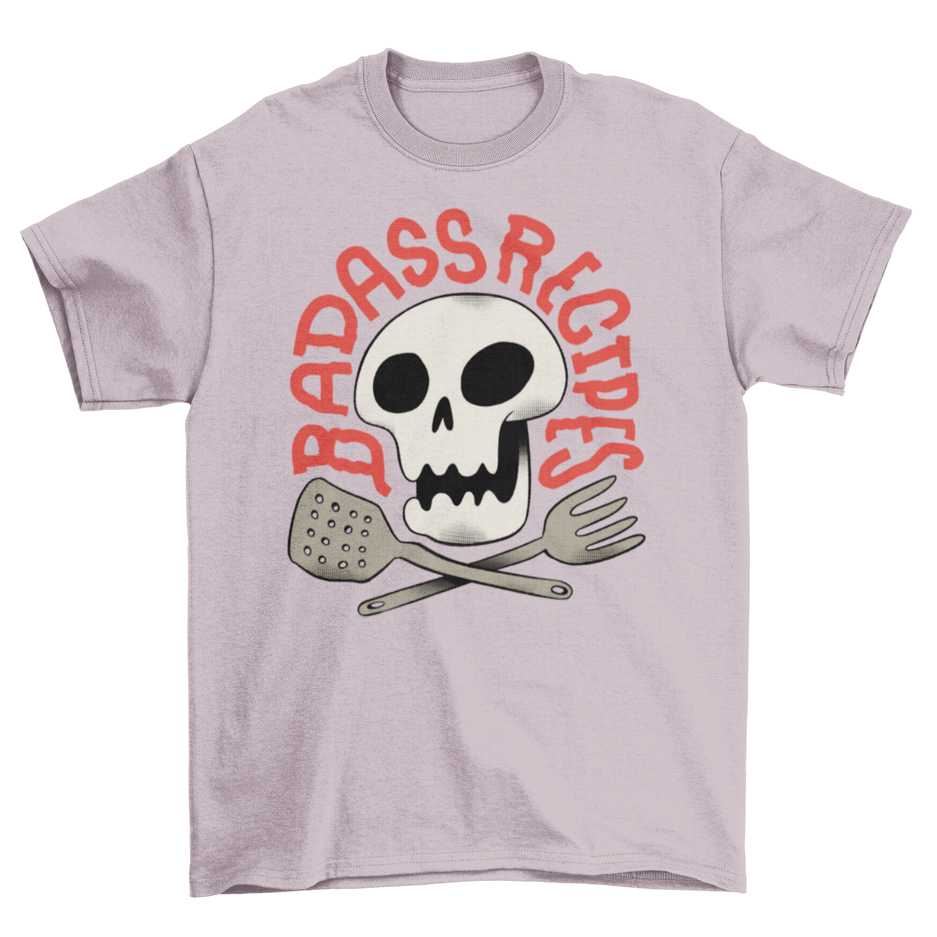 A stylish t-shirt featuring a skull surrounded by kitchen supplies and the quote 'Badass Recipes', perfect for culinary enthusiasts.