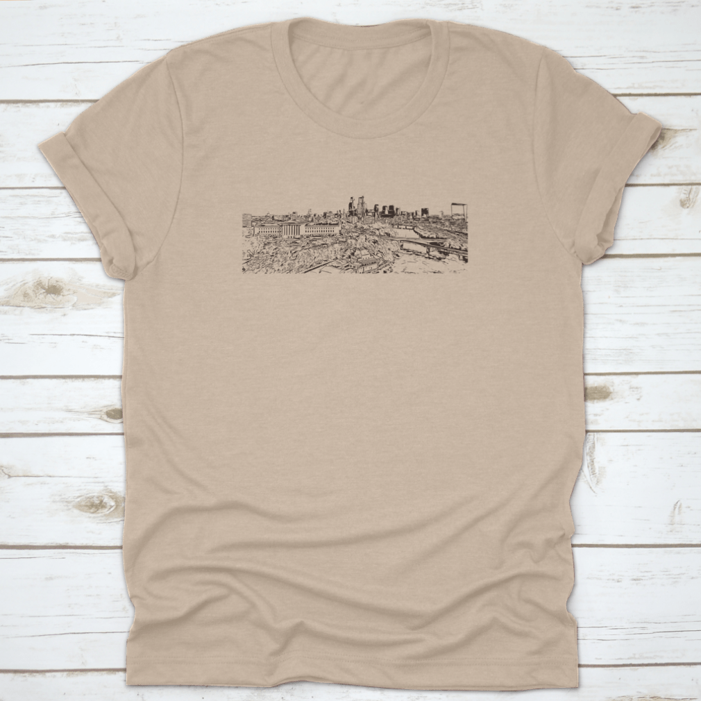 Hand-drawn sketch of Philadelphia skyline on a comfortable t-shirt, showcasing iconic buildings and cityscape.