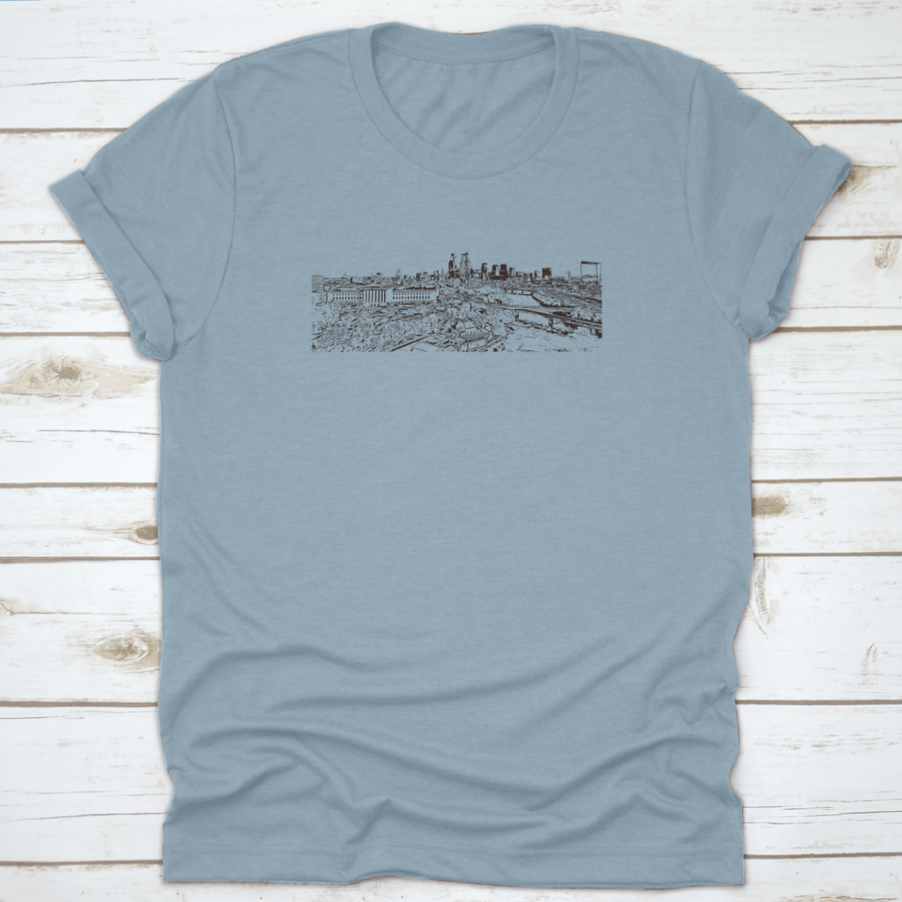 Hand-drawn sketch of Philadelphia skyline on a comfortable t-shirt, showcasing iconic buildings and cityscape.