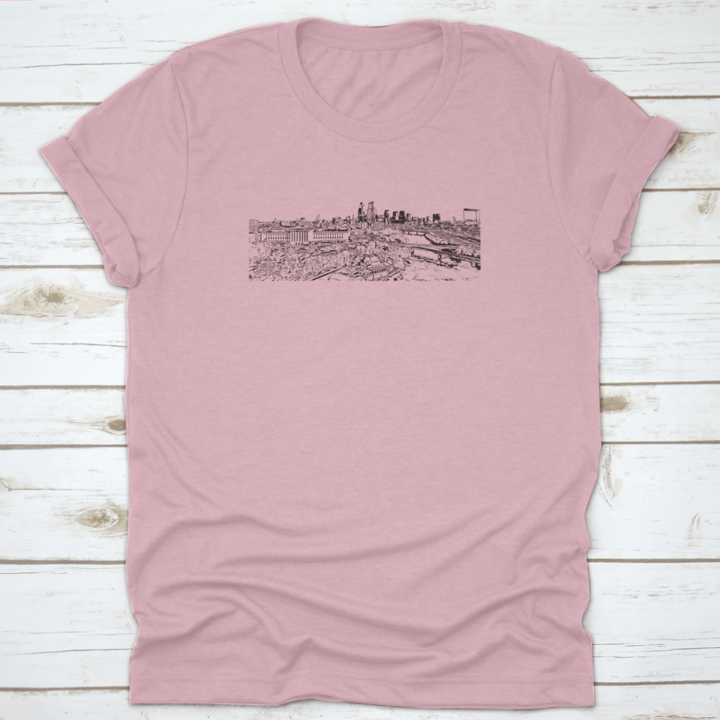Hand-drawn sketch of Philadelphia skyline on a comfortable t-shirt, showcasing iconic buildings and cityscape.