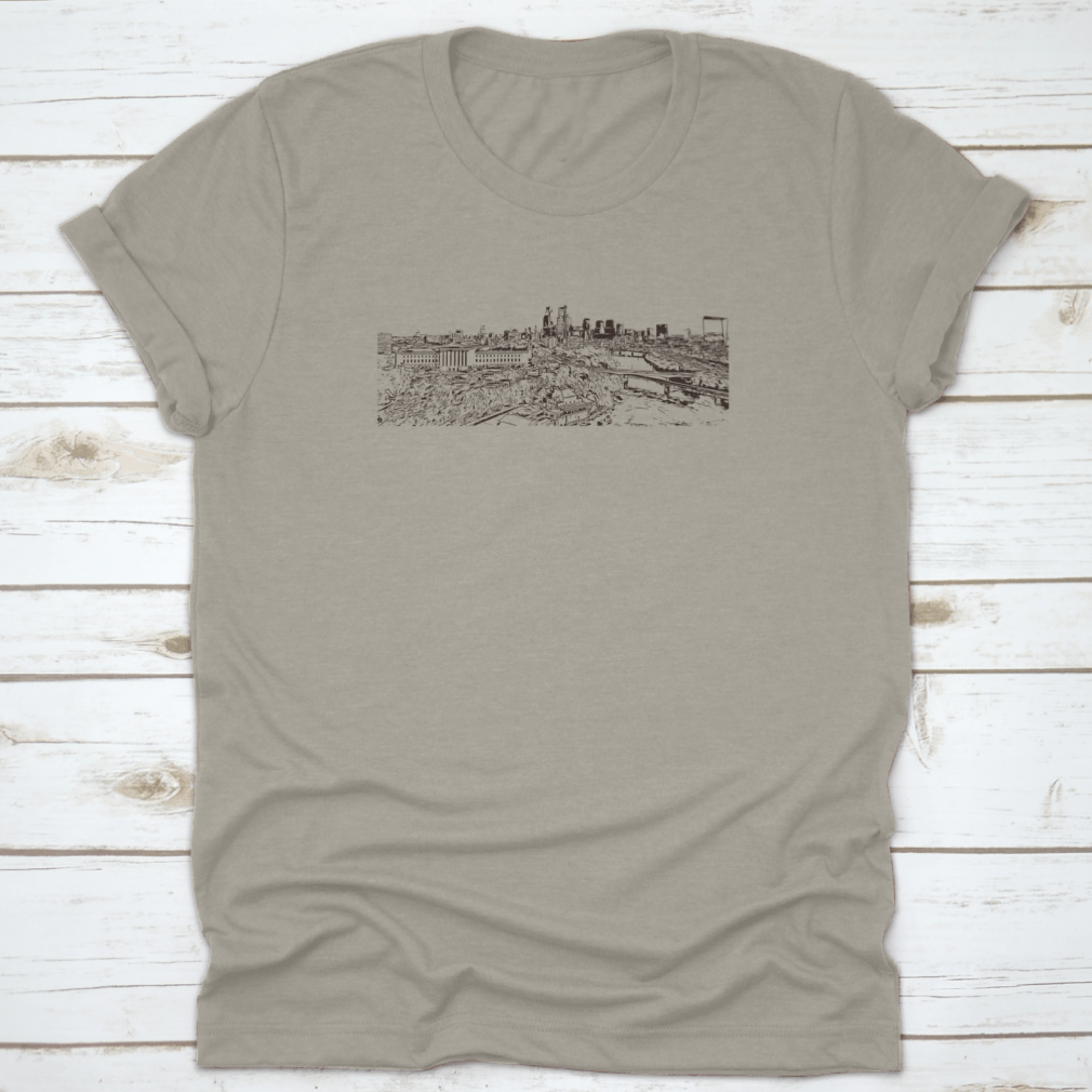 Hand-drawn sketch of Philadelphia skyline on a comfortable t-shirt, showcasing iconic buildings and cityscape.